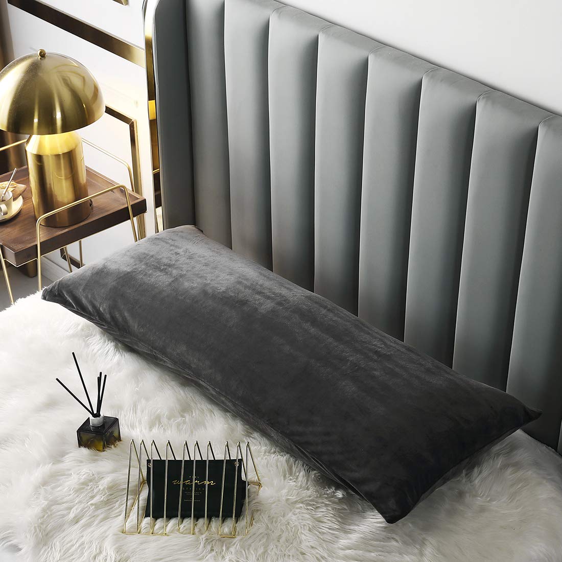 Velvet Body Pillow Cover with Hidden Zipper - Soft Flannel Pillowcase for Adults (Charcoal Grey, 20x48 Inches) - Perfect for Bedroom, Sofa, Travel & Home Decor