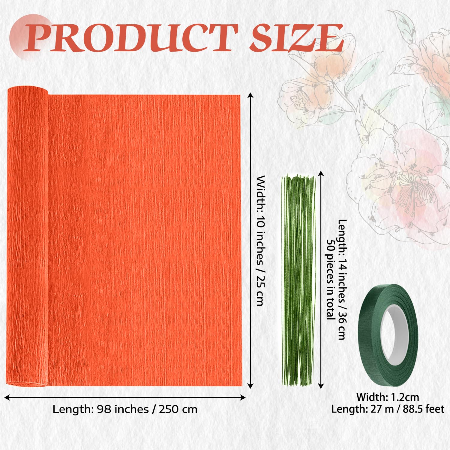 6 Rolls Red Crepe Paper Streamers (10 Inch Wide) - Floral Tape & Stem Wire Included - DIY Flower Making Kit for Weddings, Parties, Festivals & Home Decor Crafts