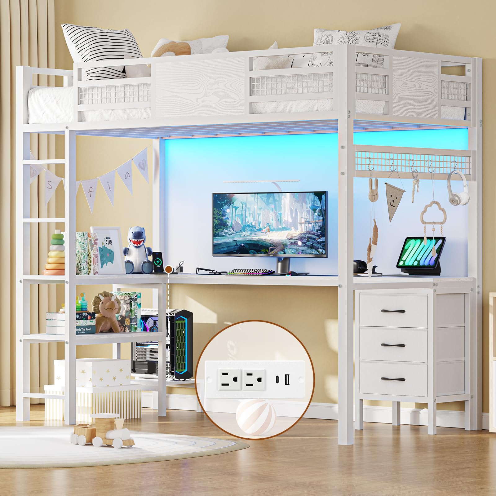 Twin Loft Bed with L-Shaped Desk & LED Lights - Metal Twin Size Bed Frame with Charging Station, 3 Fabric Drawers & 2-Tier Storage Shelves - Safety Guard & Ladder Included - No Box Spring Needed - Perfect for Small Bedrooms, Dorm Rooms & Kids' Rooms