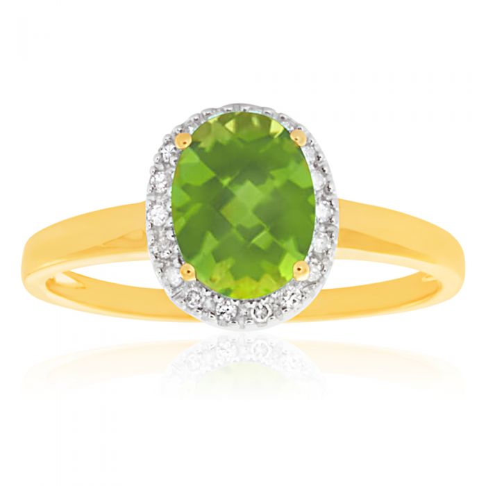 9ct Yellow Gold & White Gold Peridot and Diamond Halo Ring - Elegant Birthstone Jewelry for August, Perfect for Engagement, Anniversary & Special Occasion Gifts