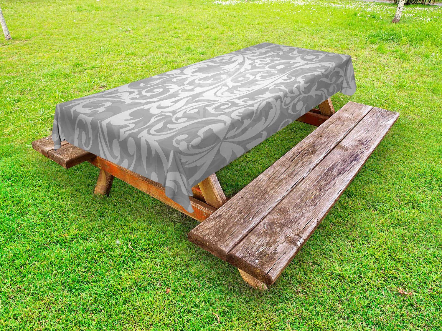 Ambesonne Grey Outdoor Tablecloth - Victorian Style Large Leaf Floral Pattern, Washable Picnic Table Cover 58x120 Inches - Perfect for Garden Parties, BBQs, and Outdoor Dining Events