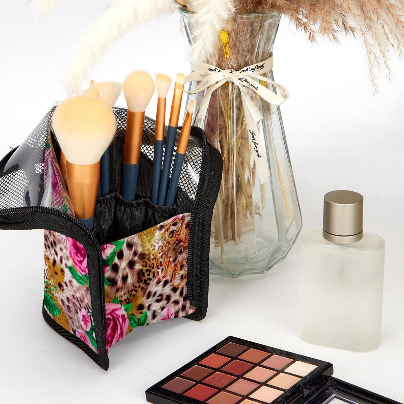 Premium Makeup Brush Organizer Bag with 12 Brushes - Striped, Leopard & Floral Patterns - Portable Cosmetic Brush Holder Case for Travel & Home Vanity Organization