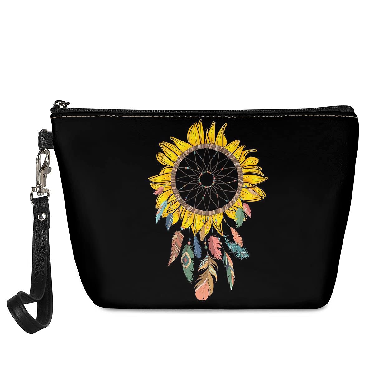 INSTANTARTS Dream Catcher Sunflower PU Leather Makeup Bag - Bohemian Style Cosmetic Clutch with Zipper Closure | Perfect for Travel, Festival & Daily Storage