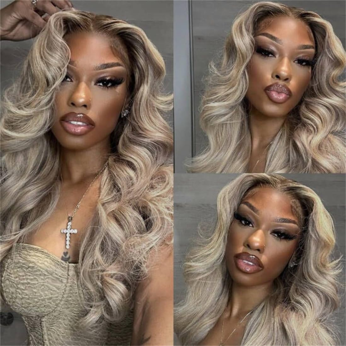 Ash Blonde Silver Gray Highlight 180% Density Human Hair Lace Front Wig - 13x4 Body Wave with Mini Knots HD Invisible Lace | Glueless Milk Tea Brown & Silver Blonde 22 Inch Wigs for Women | Perfect for Cosplay, Daily Wear & Special Occasions