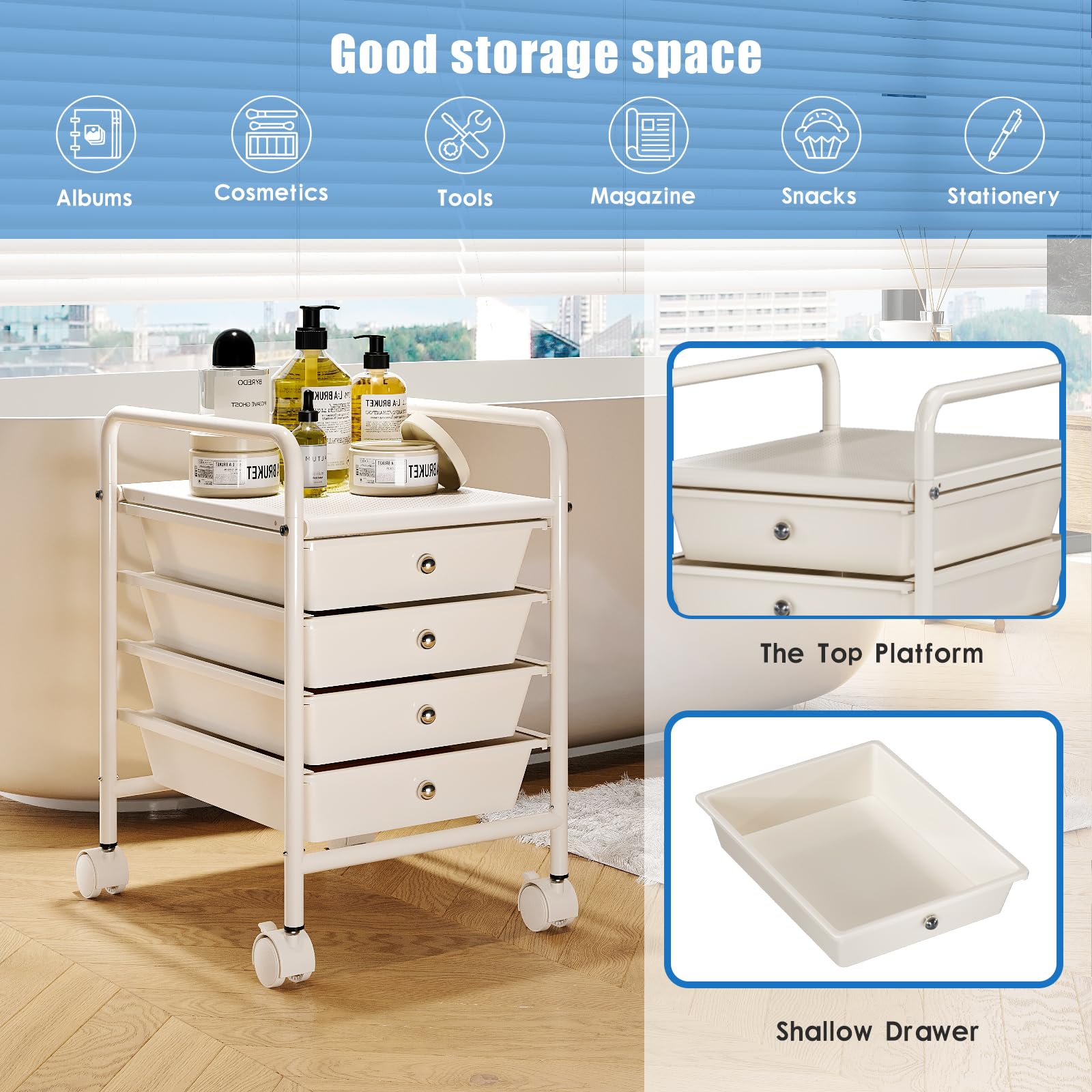 4-Tier Utility Cart with 4 Drawers & 2 Lockable Wheels - Mobile Rolling Storage Cart for Office, Kitchen, Bathroom - Perfect for Organizing Supplies, Beauty Products & Cleaning Essentials - Ivory White