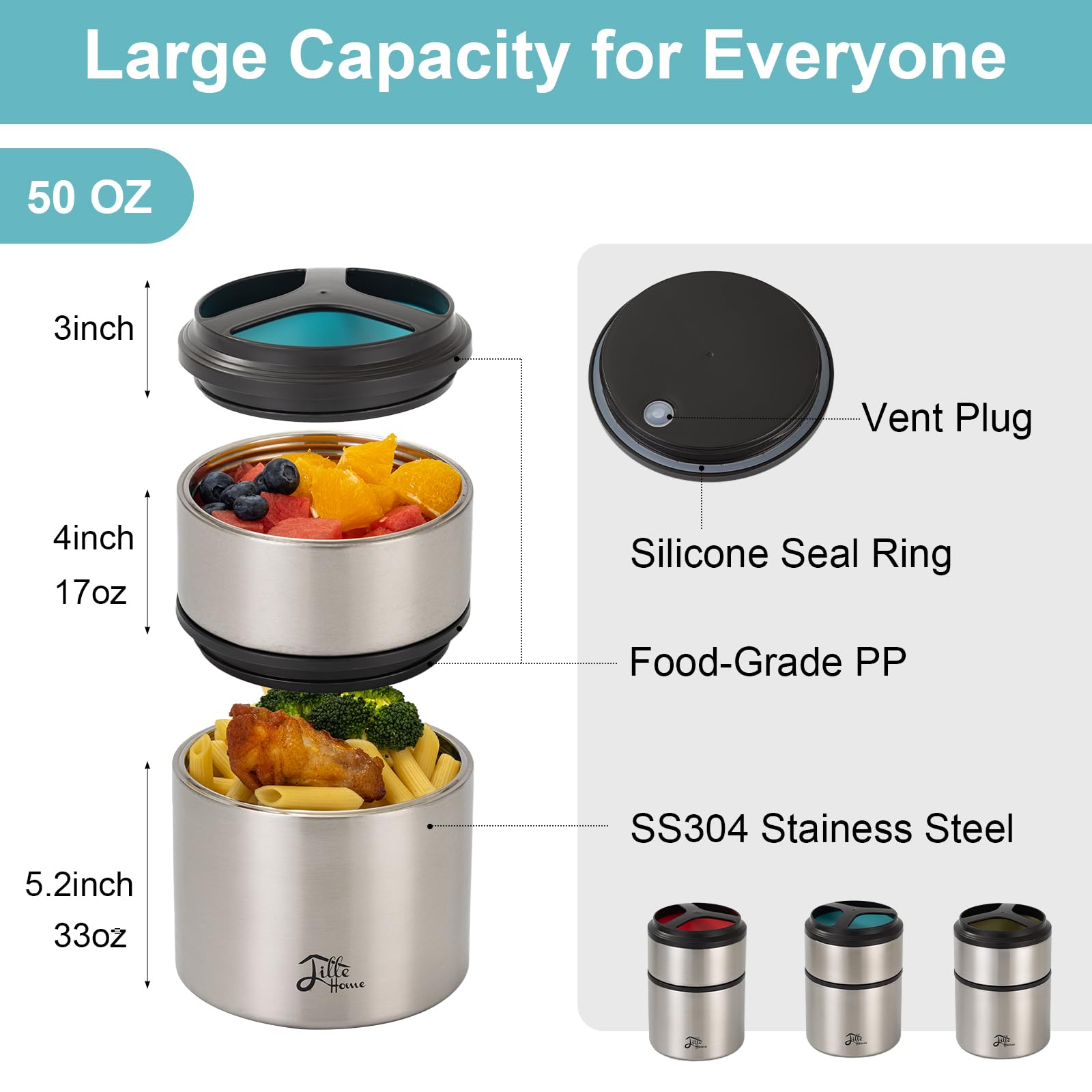 Lille Home 1500ml Stainless Steel Vacuum Insulated Food Thermos - Stackable 2-Tier Lunch/Snack Container for Office, School & Travel (Blue)