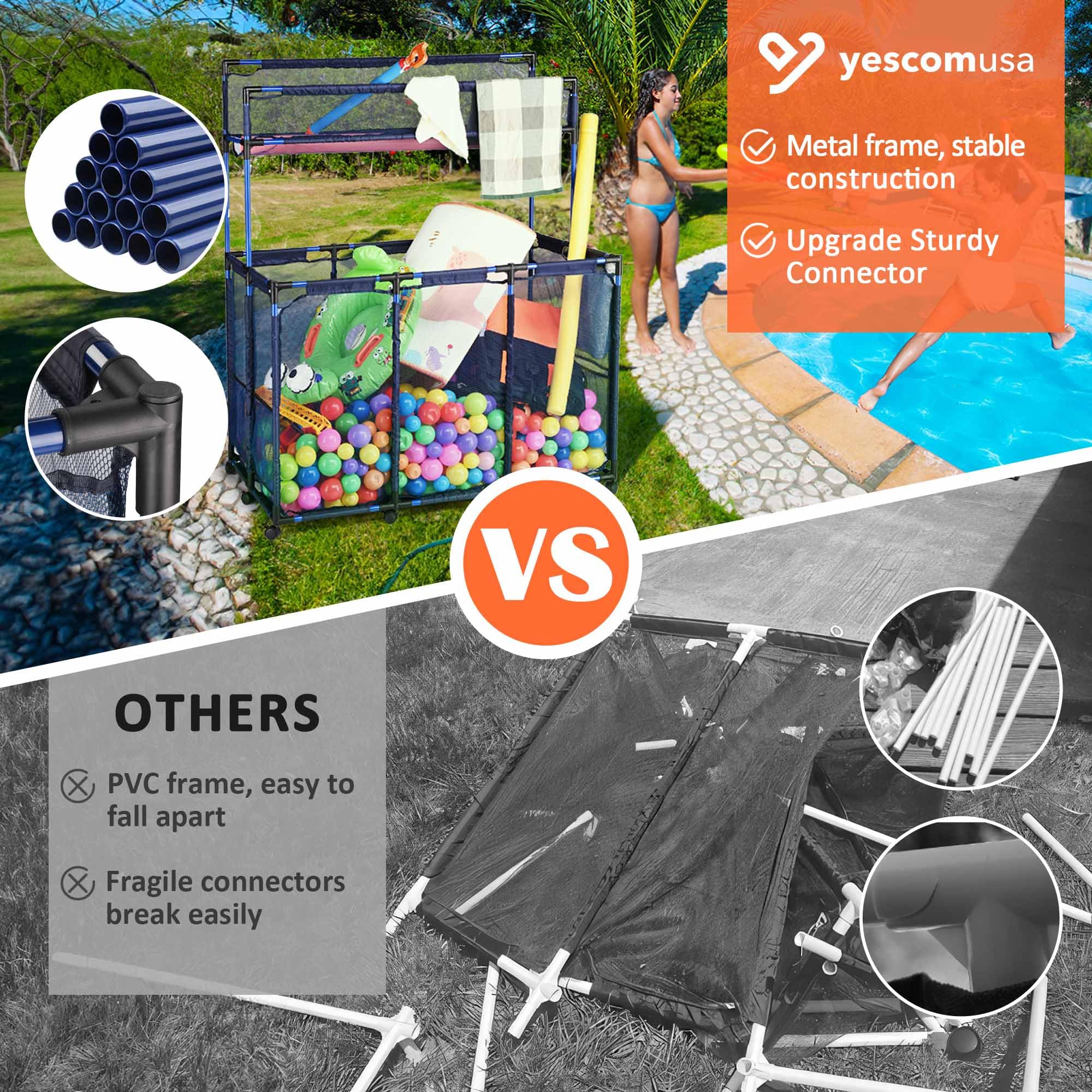 Yescom XX-Large 10-Wheel Rolling Pool Storage Bin - Double Decker Mesh Organizer with Noodle Holder | Heavy-Duty Metal Frame & Upgraded Connectors | 49