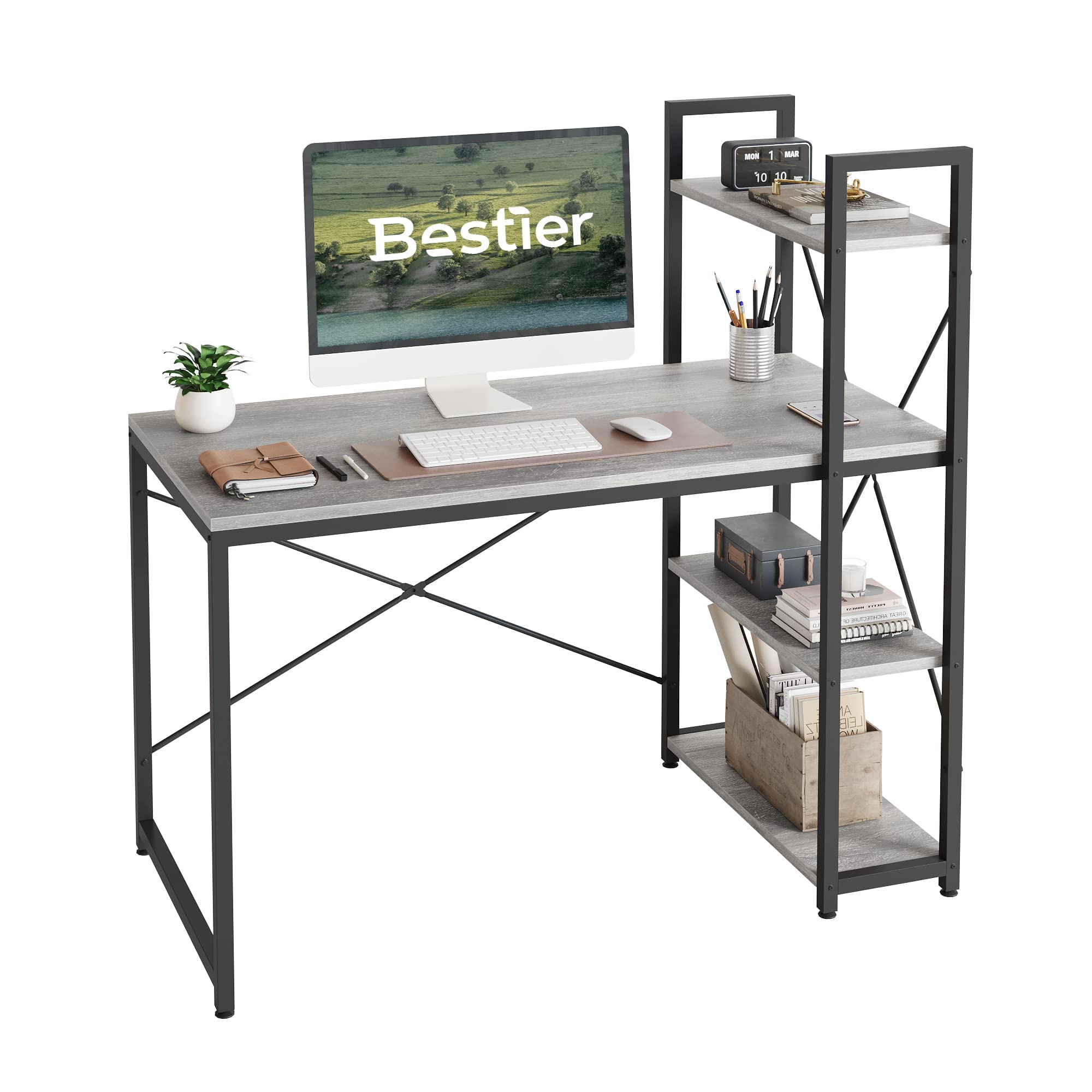 Bestier 47 Inch Home Office Computer Desk with Adjustable Shelves - Sturdy Writing Desk with Reversible Bookshelf & Metal Legs for Small Spaces, Gaming Setup & Studio Work - Wash White Finish for Modern Workspace