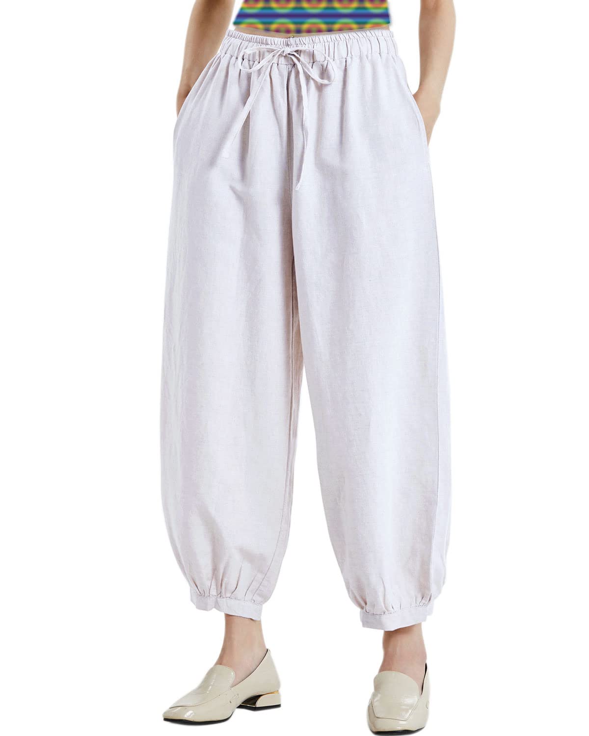 Women's Linen Lantern Pants - Casual Cropped Wide Leg Trousers with Elastic Waist & Pockets | Summer Boho Beachwear & Lounge Pants for Travel & Yoga