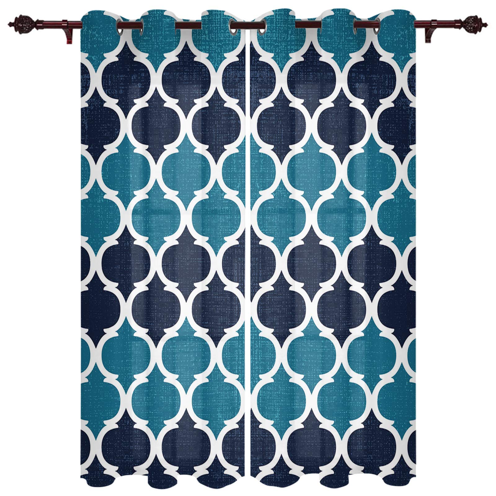 Geometric Vintage Moroccan Sheer Curtains - 2 Panels, 84 Inch Length with Grommet Top for Kitchen, Living Room, Bedroom, Patio & Sliding Glass Doors | Light Filtering Window Treatment for Privacy & Stylish Home Decor