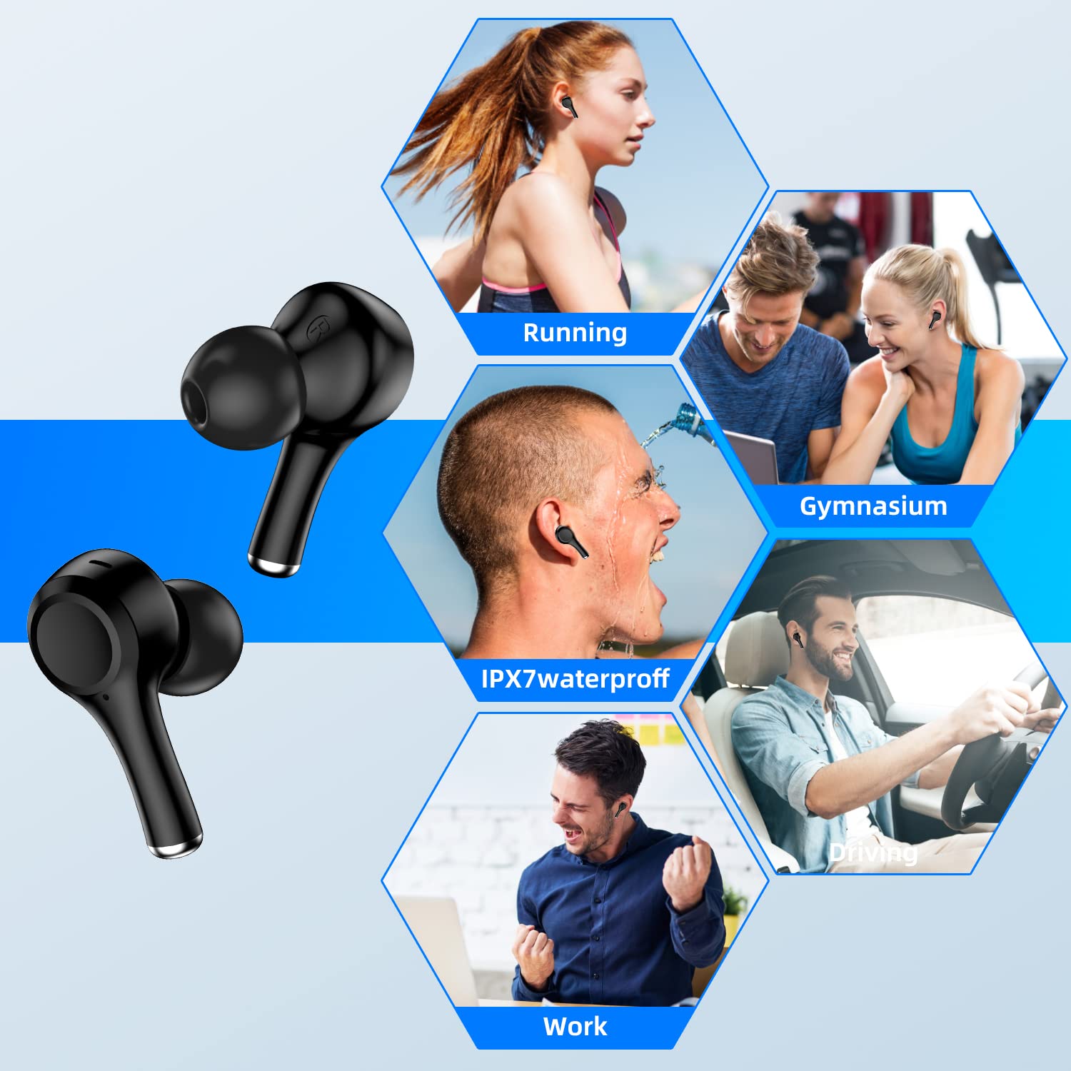 Premium Wireless Bluetooth 5.3 Earbuds with Hi-Fi Stereo Sound | 45H Battery Life | IPX7 Waterproof | 4-Mic ENC Noise Cancellation | Touch Control | USB-C Charging Case | Ideal for Workouts, Running, Gym, Travel, Business Calls, Commuting, Outdoor Activities, Fitness, Sports, Office Work, Remote Work, Exercise, Jogging, Hiking, Cycling & Video Conferencing