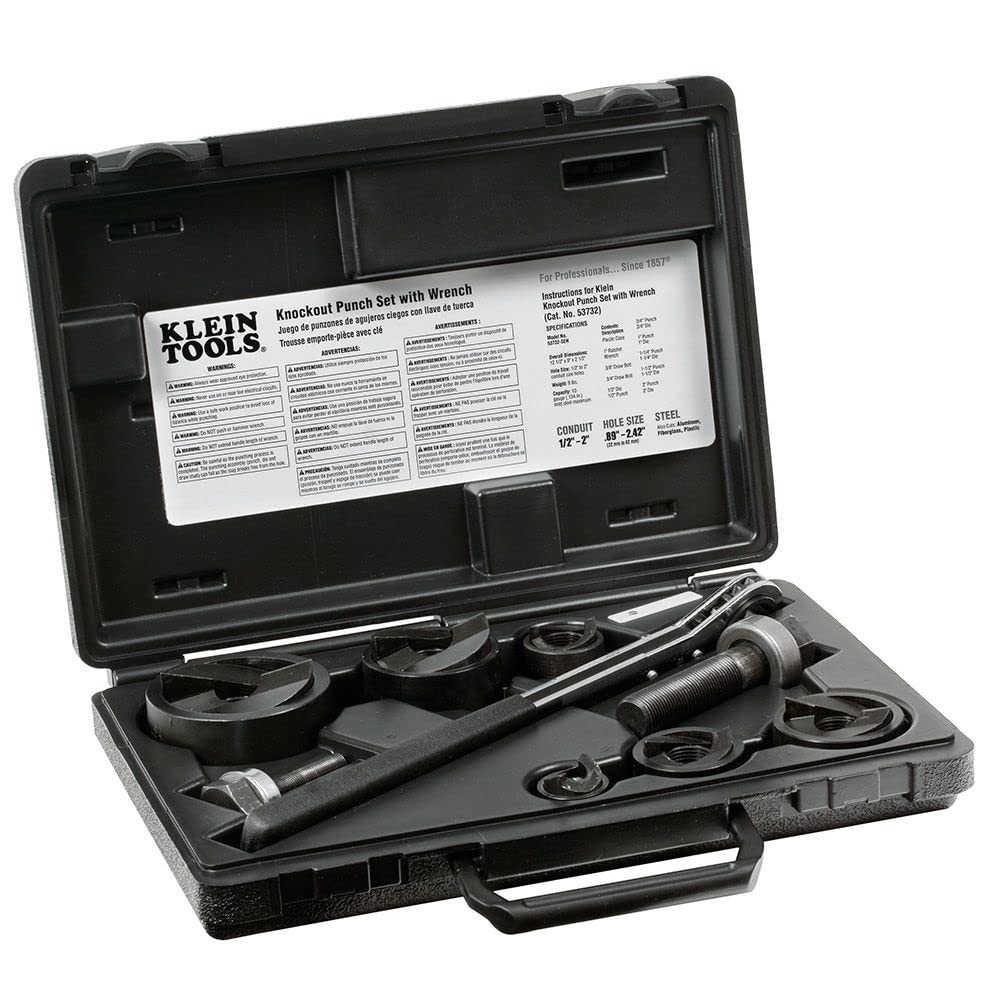 Klein Tools 53732SEN Knockout Punch Set - 10 Gauge Mild Steel, Fiberglass & Plastic Punch Down Tool with Ratcheting Wrench | Ideal for Electrical Work, HVAC Installations & Metal Fabrication
