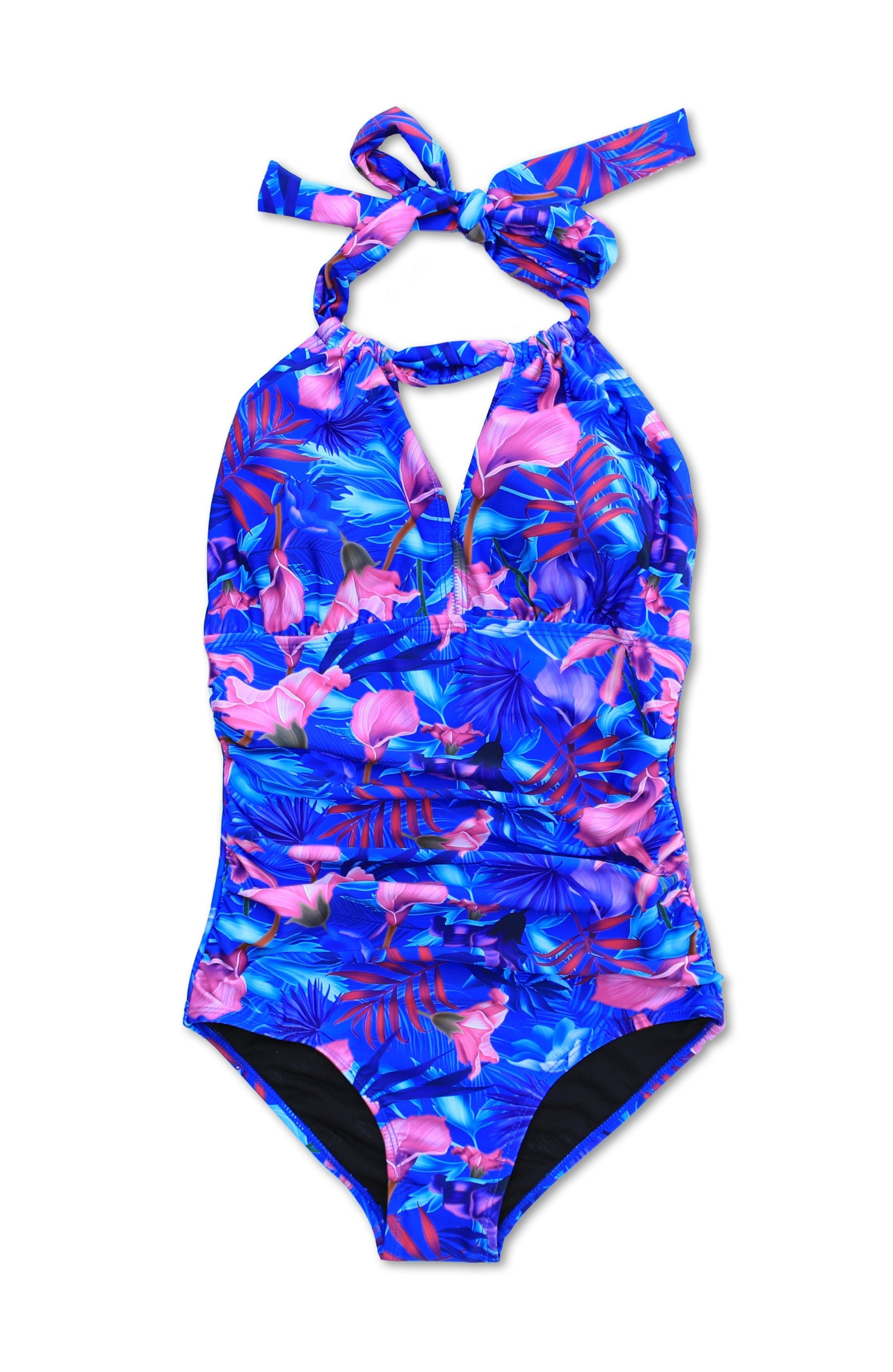Stephanie Ruched Floral One Piece Swimsuit - Women's Floral Print Bathing Suit with Ruffles & Tie Back - Perfect for Beach Vacation, Pool Party & Summer Getaway