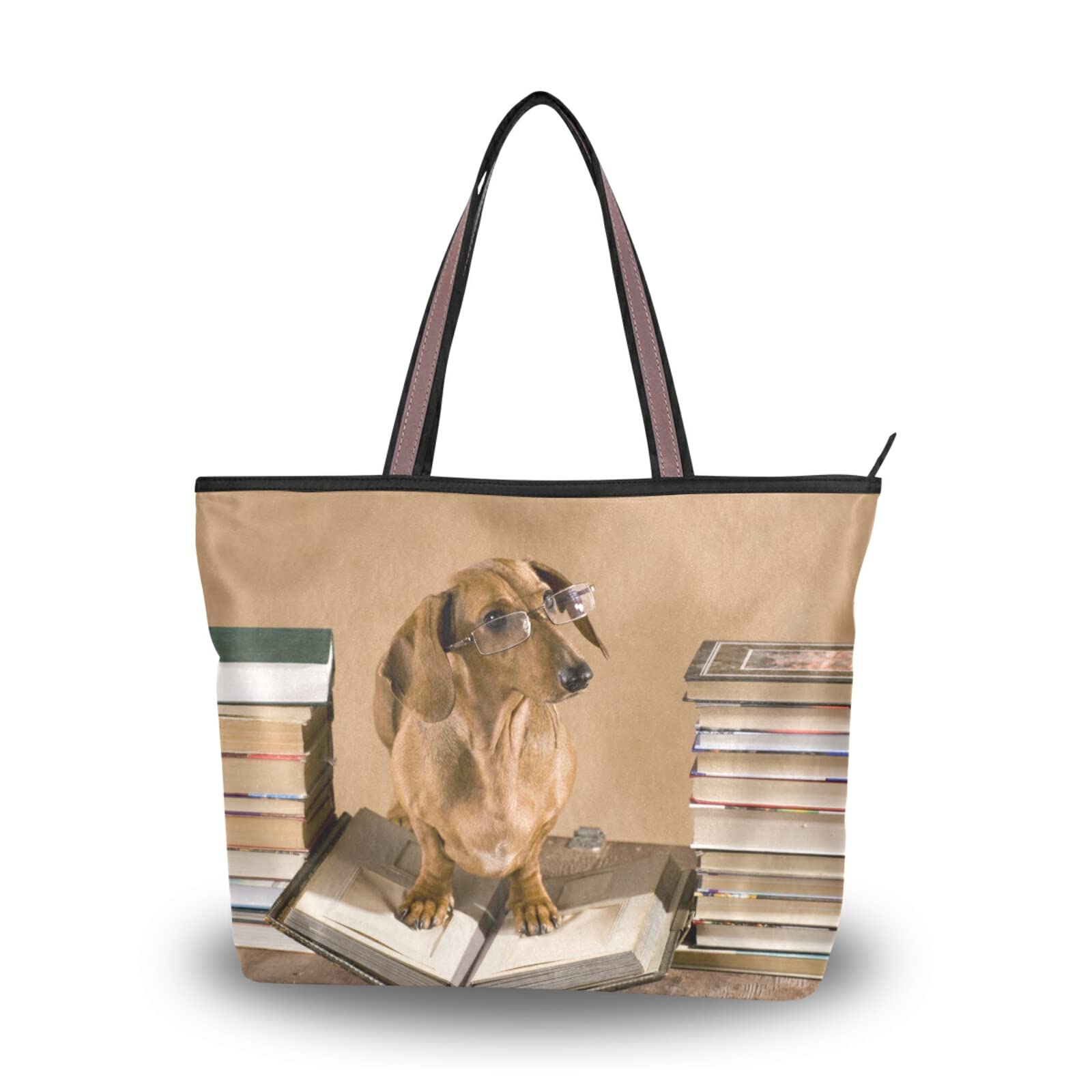 ALAZA Dachshund Tote Bag for Women - Reusable Zipper Shoulder Bag for Beach & Travel