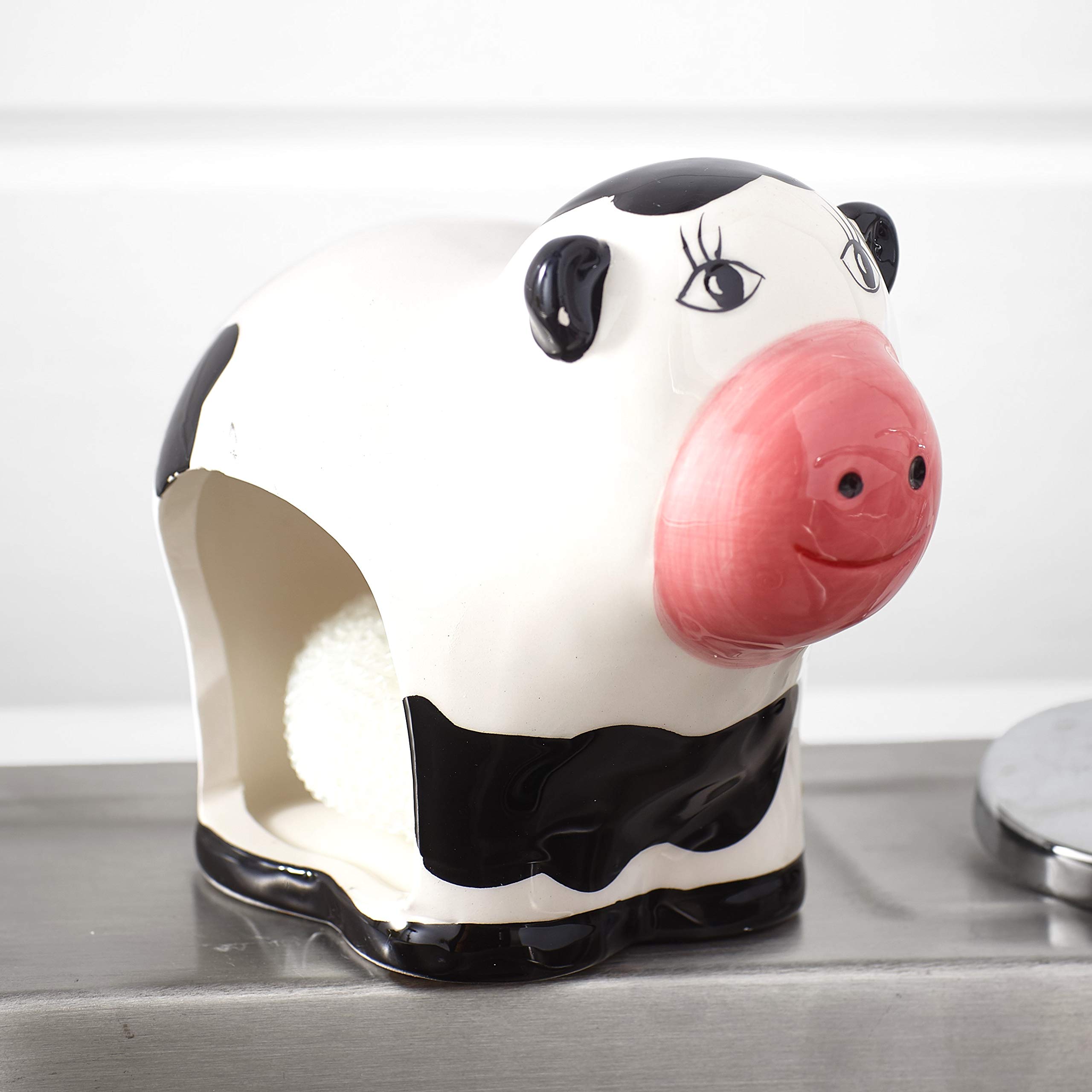 Ceramic Cow Sponge Holder - Cute Kitchen Scrubby Organizer for Sink Countertop - Perfect for Farmhouse, Rustic, and Country Style Decor