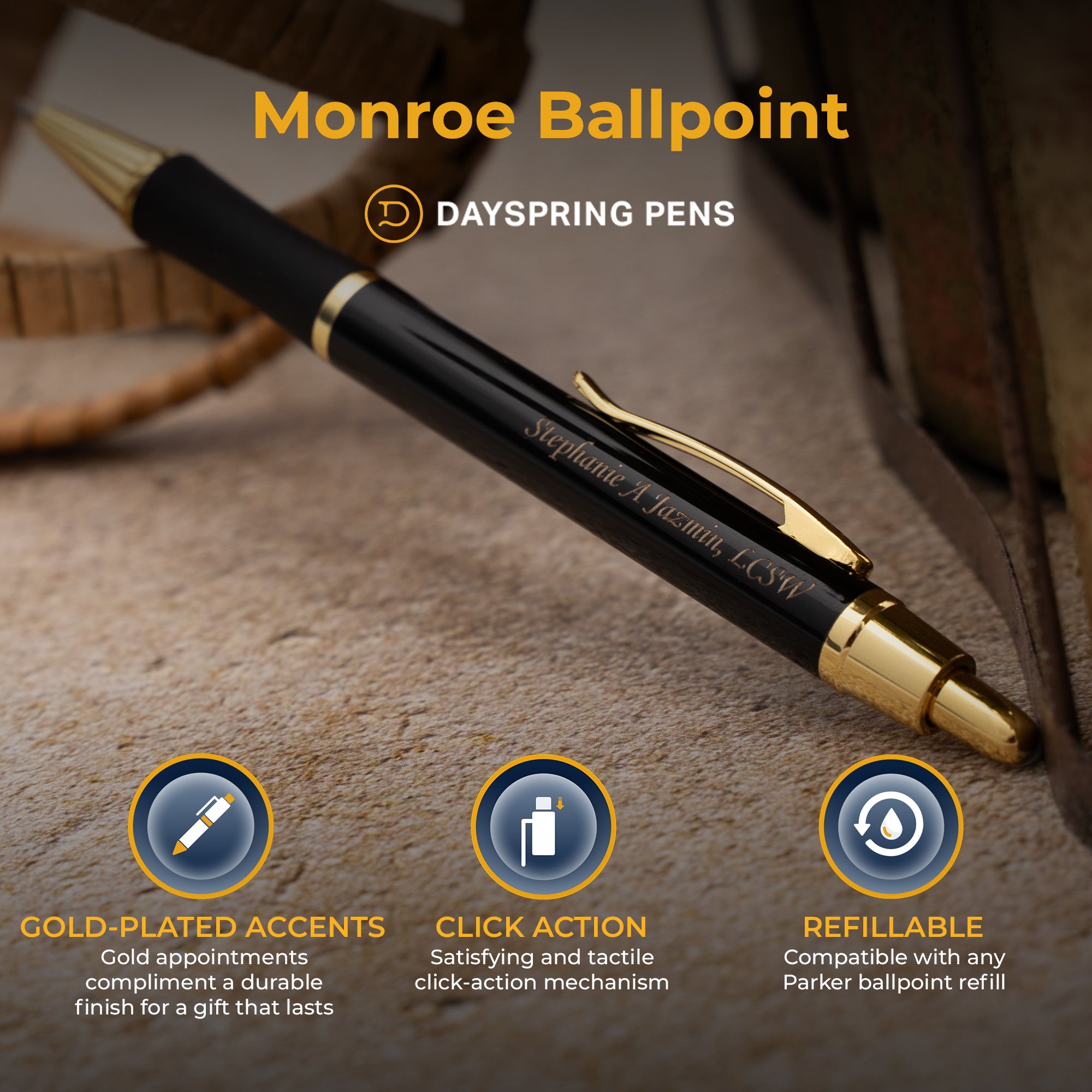 Premium Dayspring Monroe Black Ballpoint Pen - Smooth Writing Office & Business Pen for Professionals, Gift Idea for Executives & Graduates - Perfect for Signing Documents, Note Taking & Everyday Use