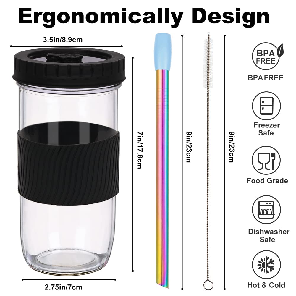 2 Pack 24oz Reusable Glass Boba Tea Cups with Lids & Straws - Mason Jar Style Iced Coffee & Smoothie Cups with Silicone Sleeve - Perfect for Bubble Tea, Cold Brew, Juicing at Home or Office
