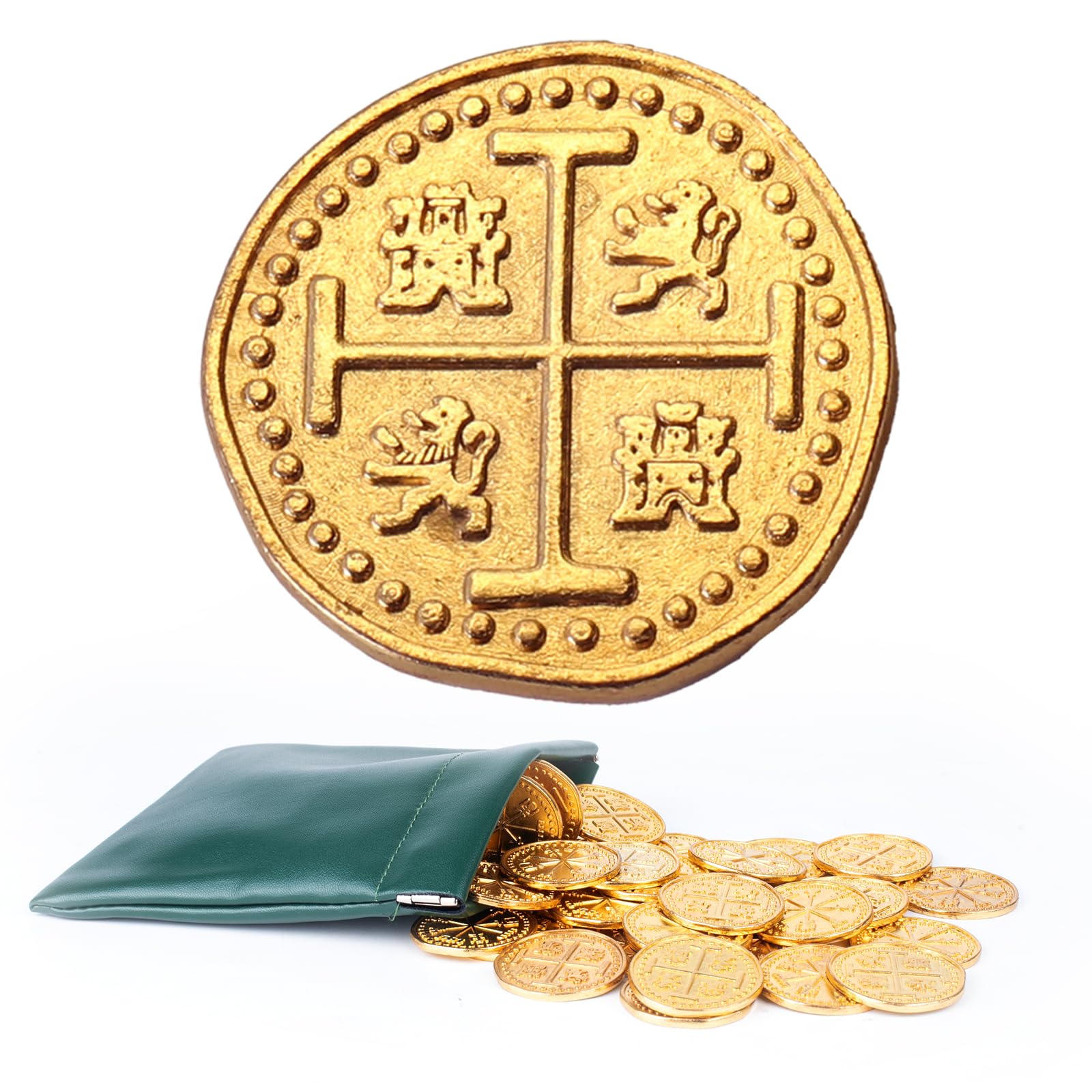 40PCS Metal Pirate Coins with Green Leather Pouch - Spanish Doubloon Replicas, Gold Treasure Tokens for Pirate Costume, Board Games & Movie Props - Perfect for Cosplay, Themed Parties & Collectors