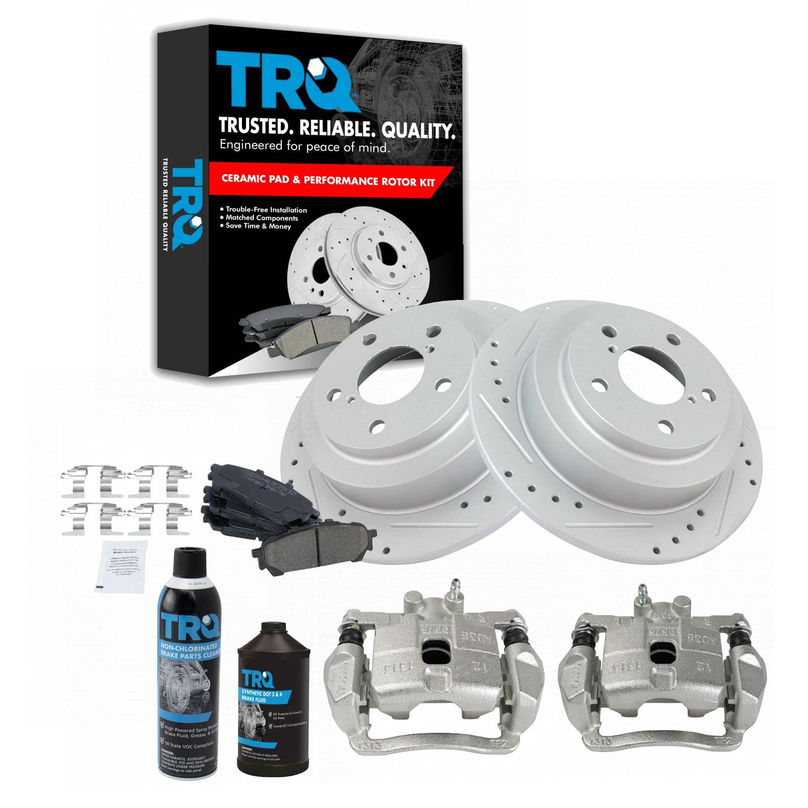TRQ Rear Ceramic Brake Pads & Performance Rotor Caliper Kit - Compatible with Subaru Impreza, WRX, Legacy | Low Noise, High Durability | Perfect for City Driving & Performance Upgrades