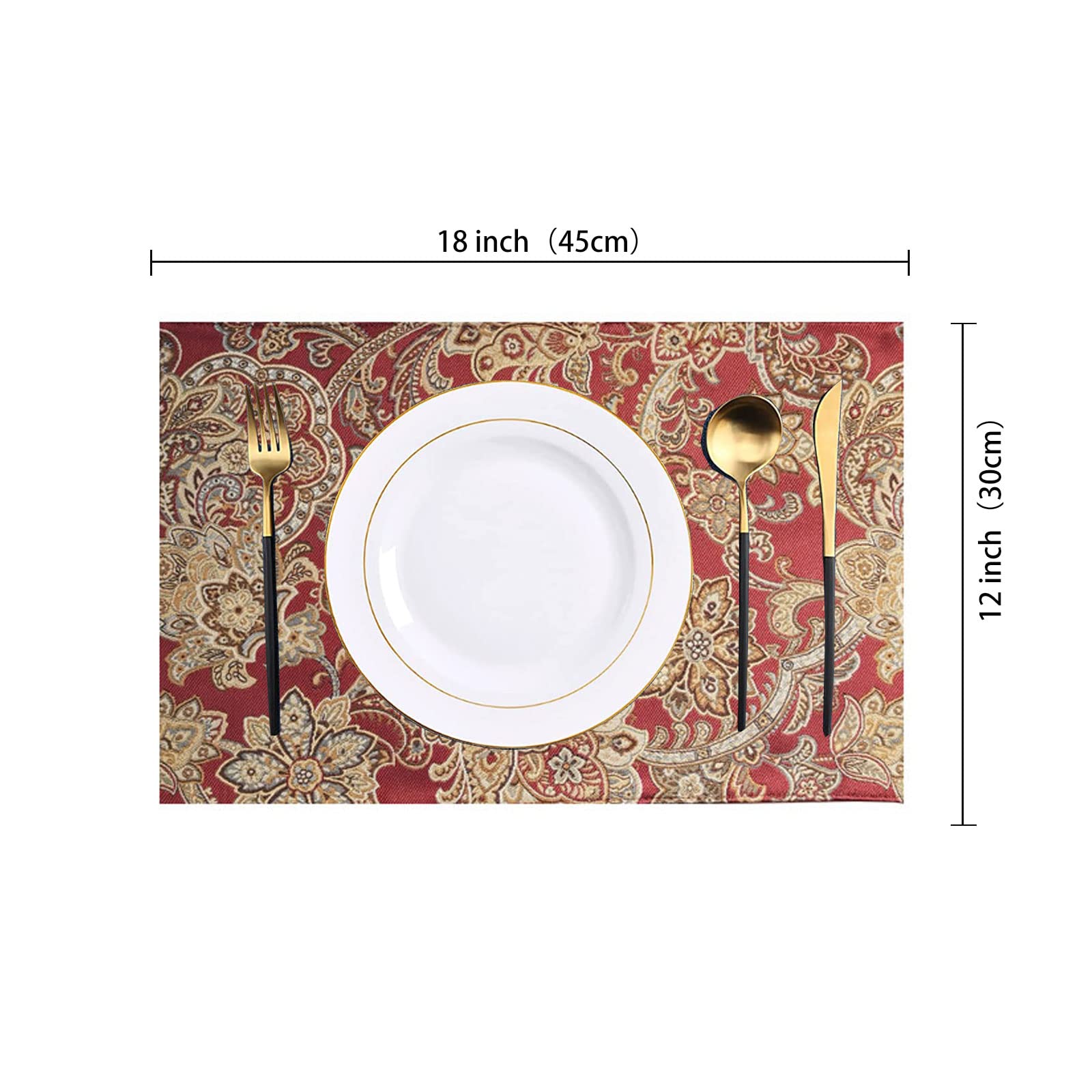 Luxury Retro Placemats Set of 6 - Machine Washable, Non-Slip & Heat Resistant Fabric Dining Table Mats for Indoor Use (Red) - Perfect for Holiday Dinners, Family Gatherings & Formal Dining Decor