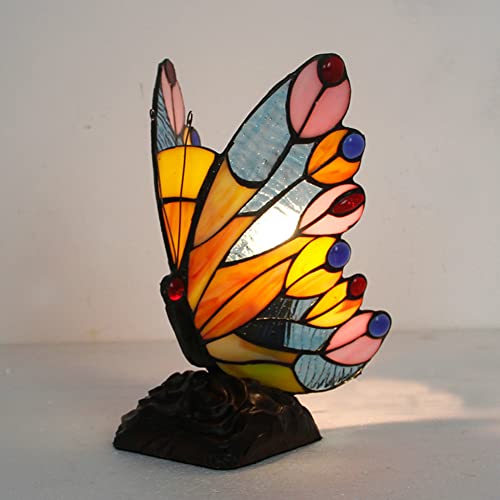YABAA Stained Glass Butterfly Table Lamp - E27 LED Night Light with US/EU Plug for Bedroom, Bedside & Living Room Decor (EU Plug, D Type Butterfly Design) - Perfect for Romantic Ambiance, Nursery Lighting & Home Decoration
