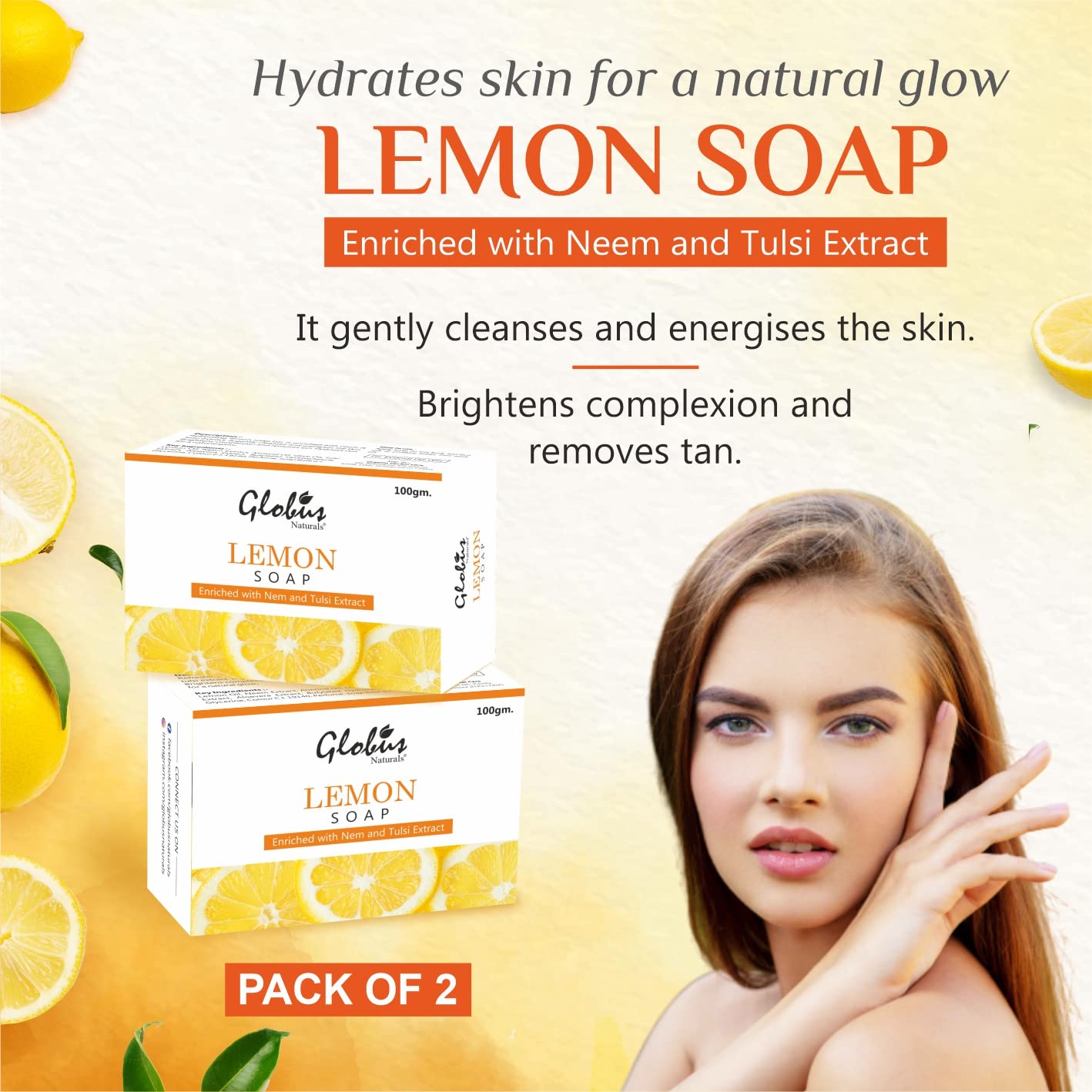 Globus Naturals Lemon Brightening Soap with Neem & Tulsi Extract - 100g (Pack of 2) for Skin Lightening, Acne Treatment & Glowing Complexion | Perfect for Daily Face & Body Cleansing