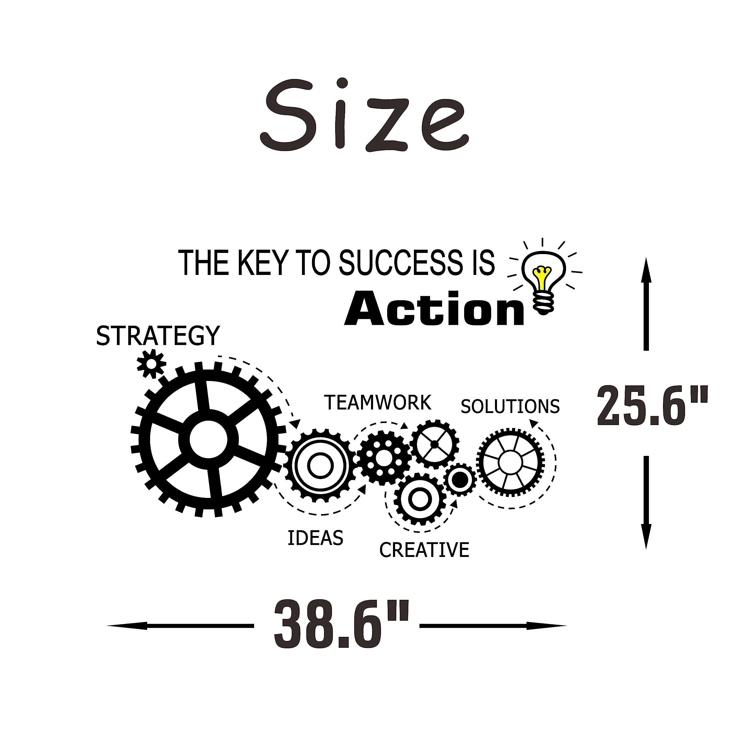 Teamwork Gears Vinyl Wall Decal - Inspirational Office Wall Art Sticker with 'The Key to Success is Action' Quote - Black Motivational Mural for Home & Office Decor - Perfect for Workspace, Study Room, and Business Interior Design