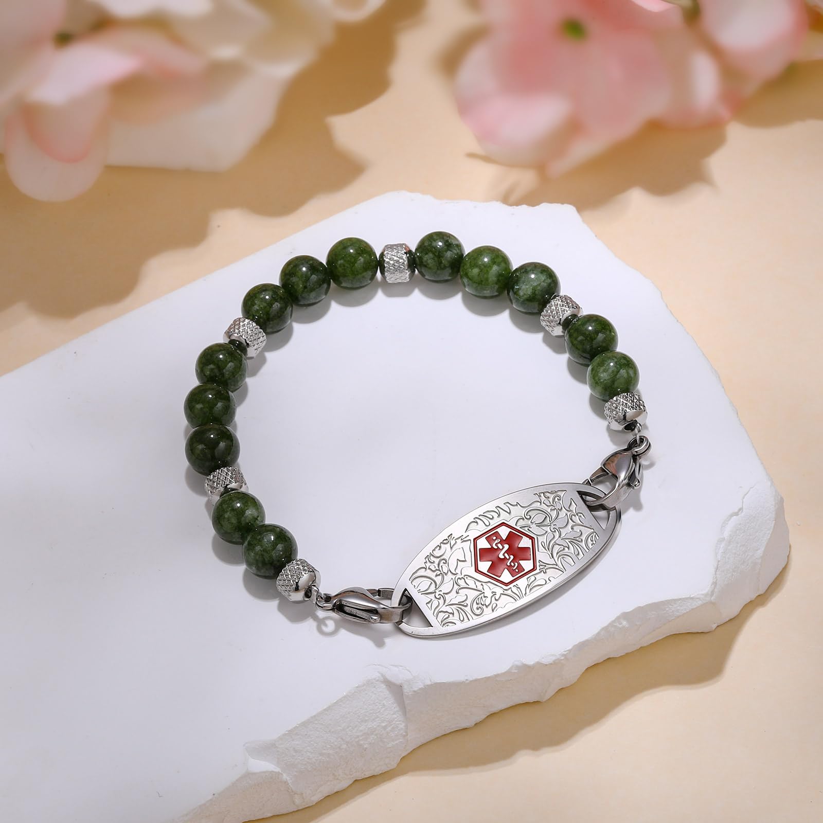 Custom Medical Alert Bracelet with Free Engraving - Adjustable 5.5-8.5 Inch Emergency ID Bracelet for Women & Men - Interchangeable Dark Green & Turquoise Beads - Perfect for Diabetes, Allergies & Emergency Medical Identification
