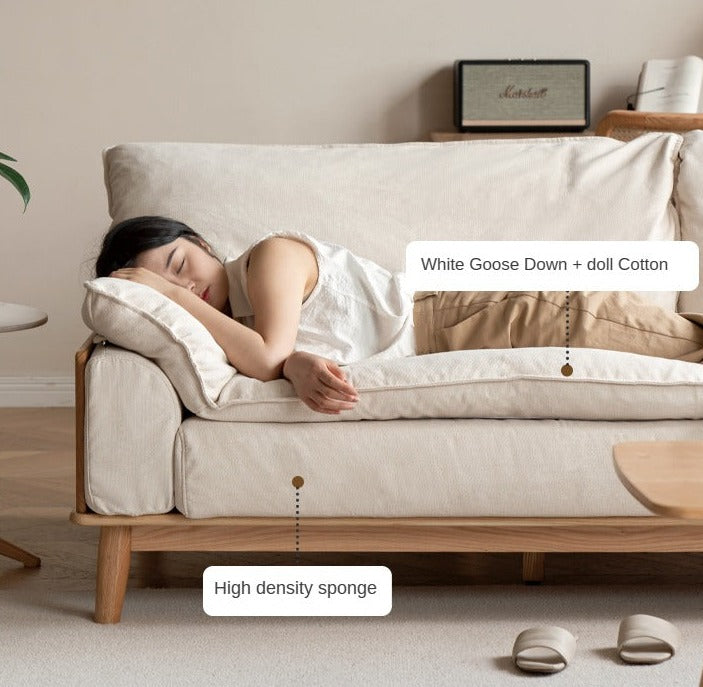 Premium Oak Solid Wood Sofa with High-Tech Fabric & Cotton Linen Finish - Modern Living Room Furniture for Home & Office Comfort