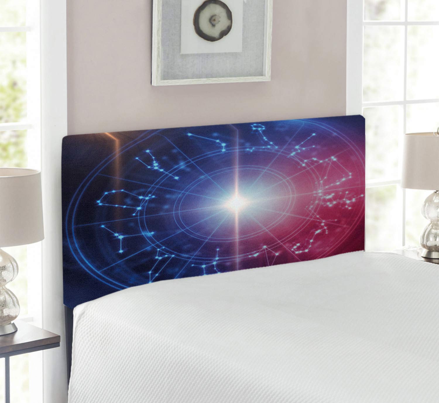 Ambesonne Astrology Headboard - Horoscope Geometric Dot Star Design Upholstered Metal Bed Frame with Memory Foam | Twin Size Blue White & Red | Perfect for Zodiac Lovers' Bedroom Decor & Teen Room Upgrade