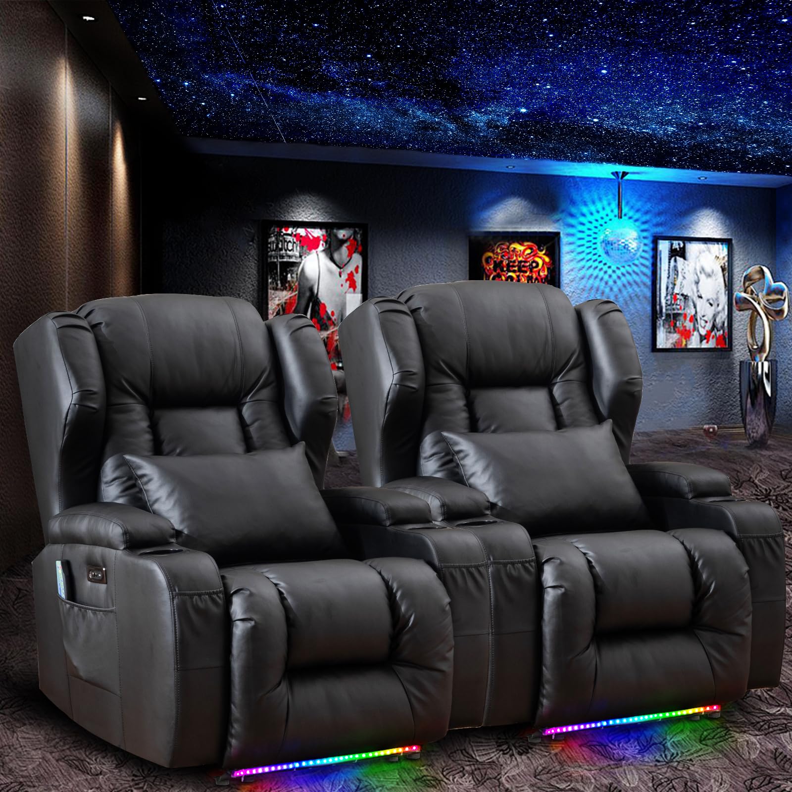 2PC Power Recliner Chair Set with Massage & Heat - Modern Home Theater Seating with LED Lights & USB Charging | Reclining Sofa Chairs for Living Room, Game Room & Movie Theater | Includes Cup Holders & Adjustable Positions for Ultimate Comfort