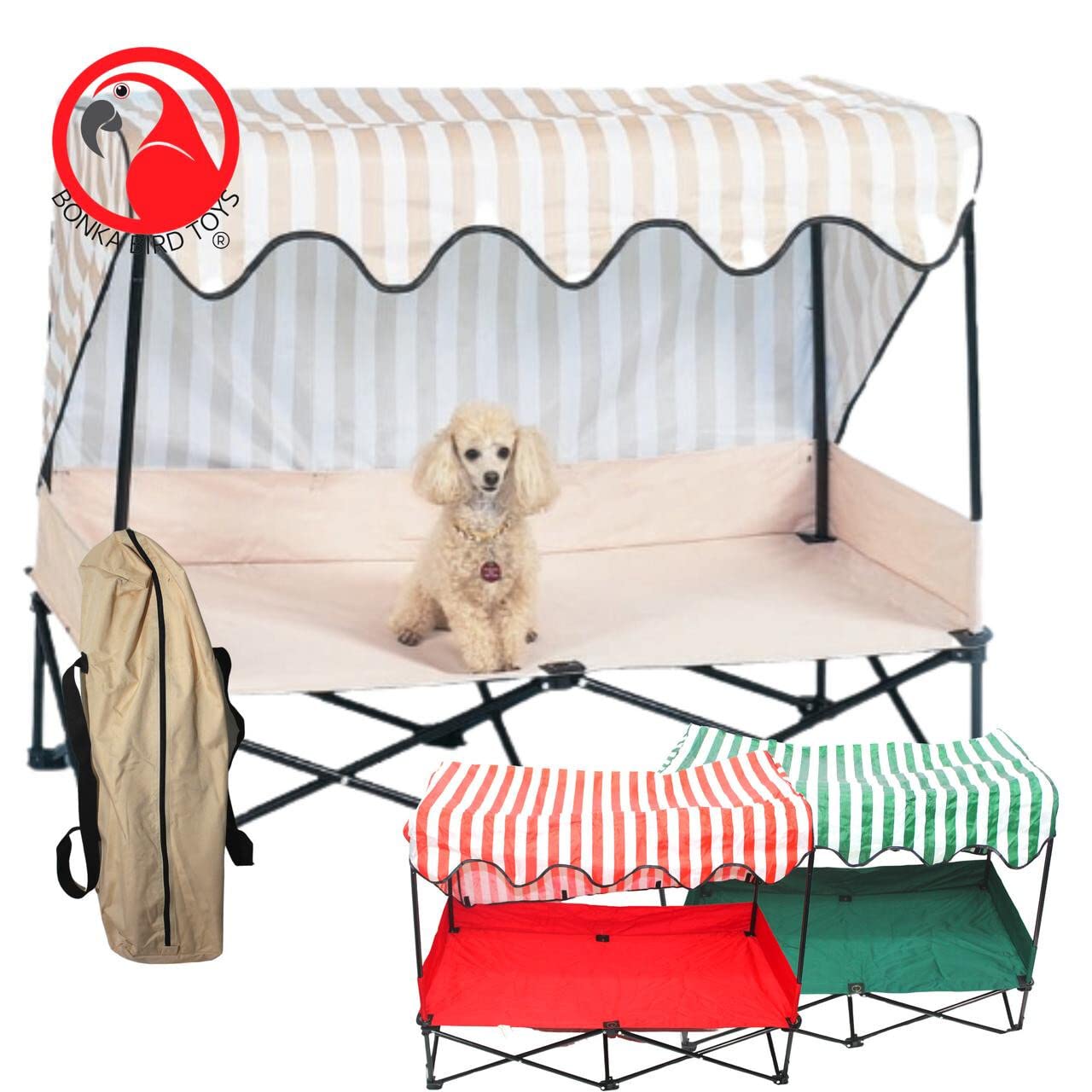 Bonka Bird Toys Dog KOT to Trot Junior Outdoor Travel Bed with Shade - Portable Patio Kennel House for Small Dogs & Terriers (Almond) - Perfect for Camping, Beach Trips & Backyard Relaxation