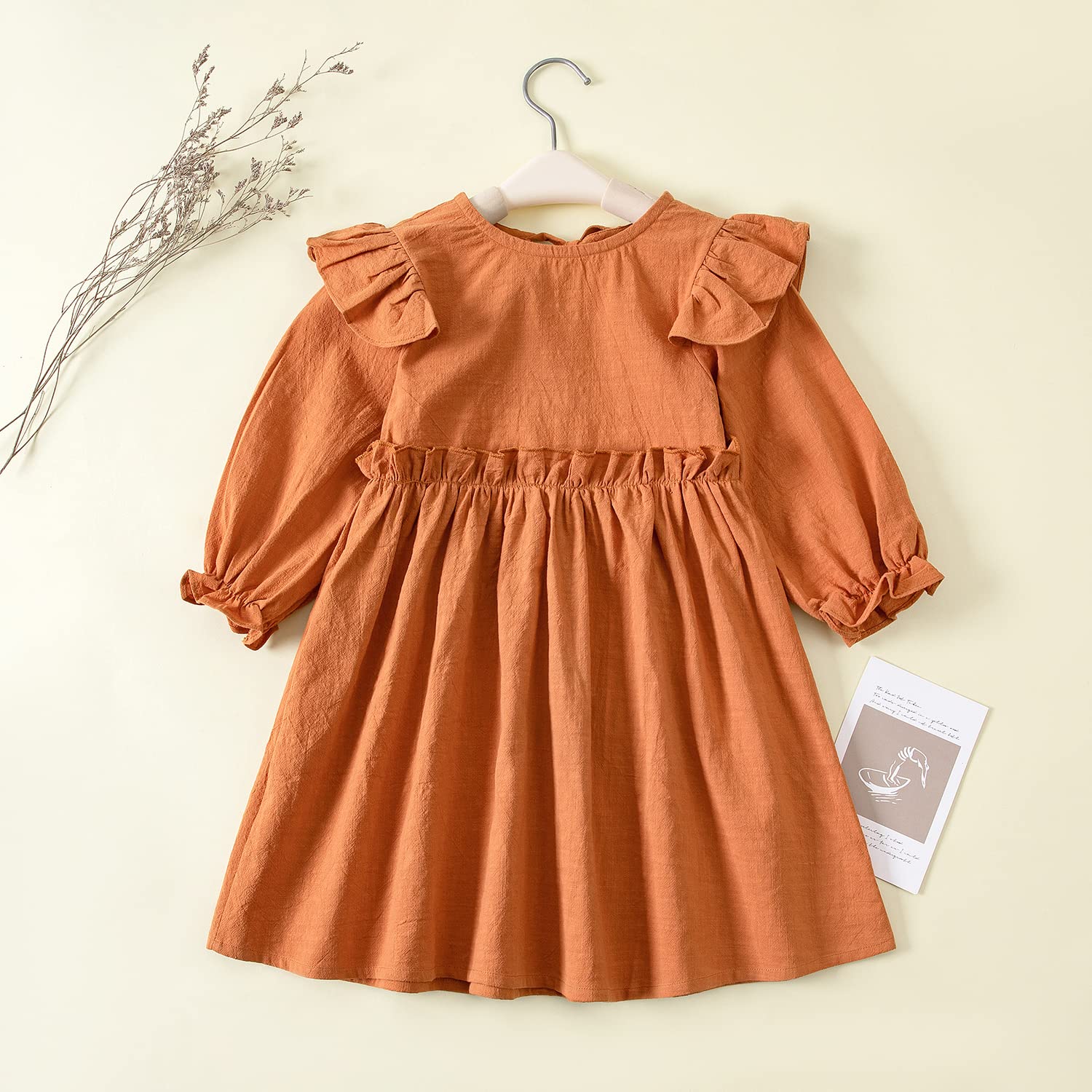Goodplayer Toddler Girl Cotton Linen Dress - Long Sleeve Ruffle Fall Dress for Kids | Solid Color Casual Clothes | Perfect for Playdates, School & Family Outings