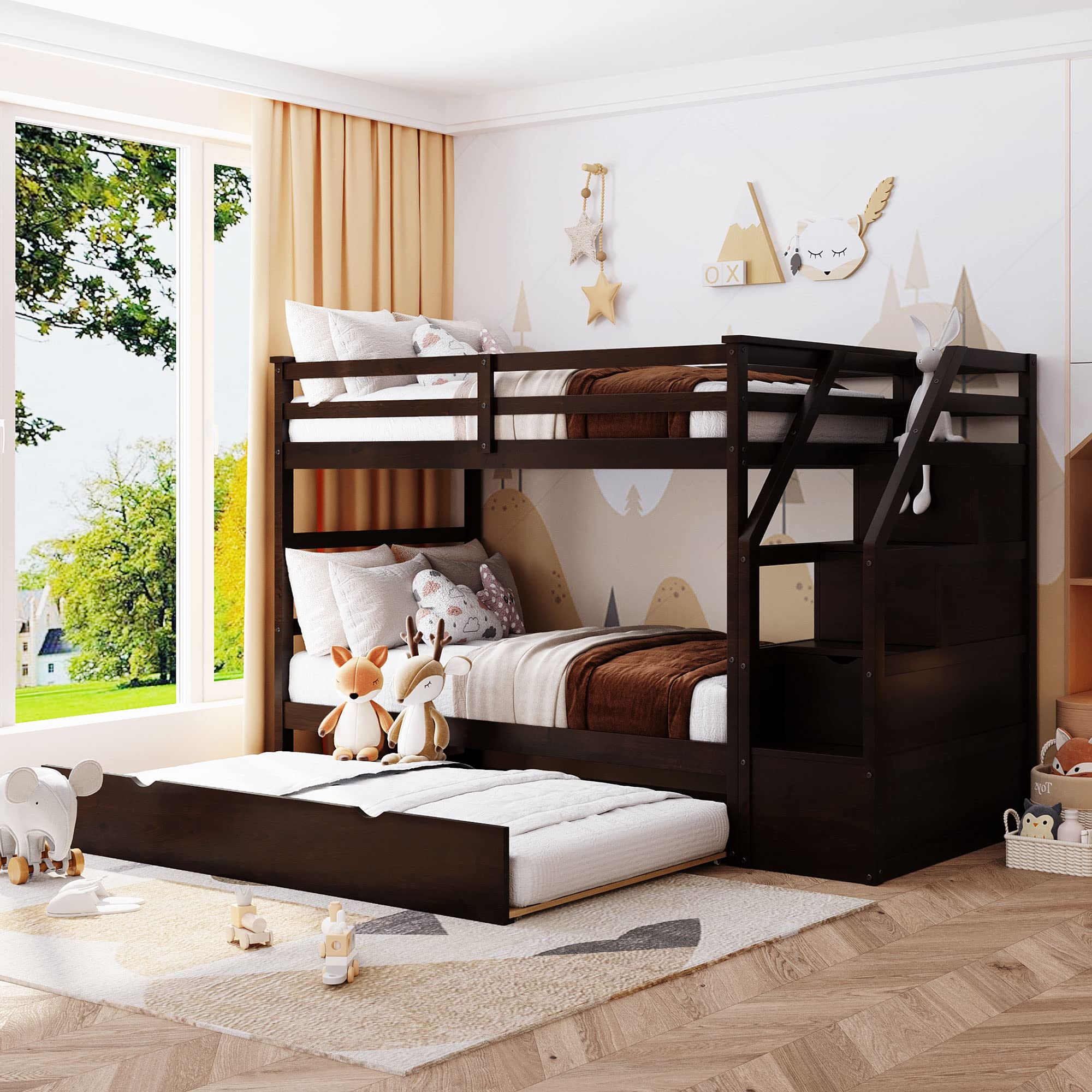 Harper & Bright Designs Twin Over Twin Wooden Bunk Bed with Trundle & Storage Stairs - Space-Saving Kids, Teens, Adults Bedroom Furniture (Espresso) - Perfect for Small Rooms, Guest Rooms, and Shared Kids' Bedrooms