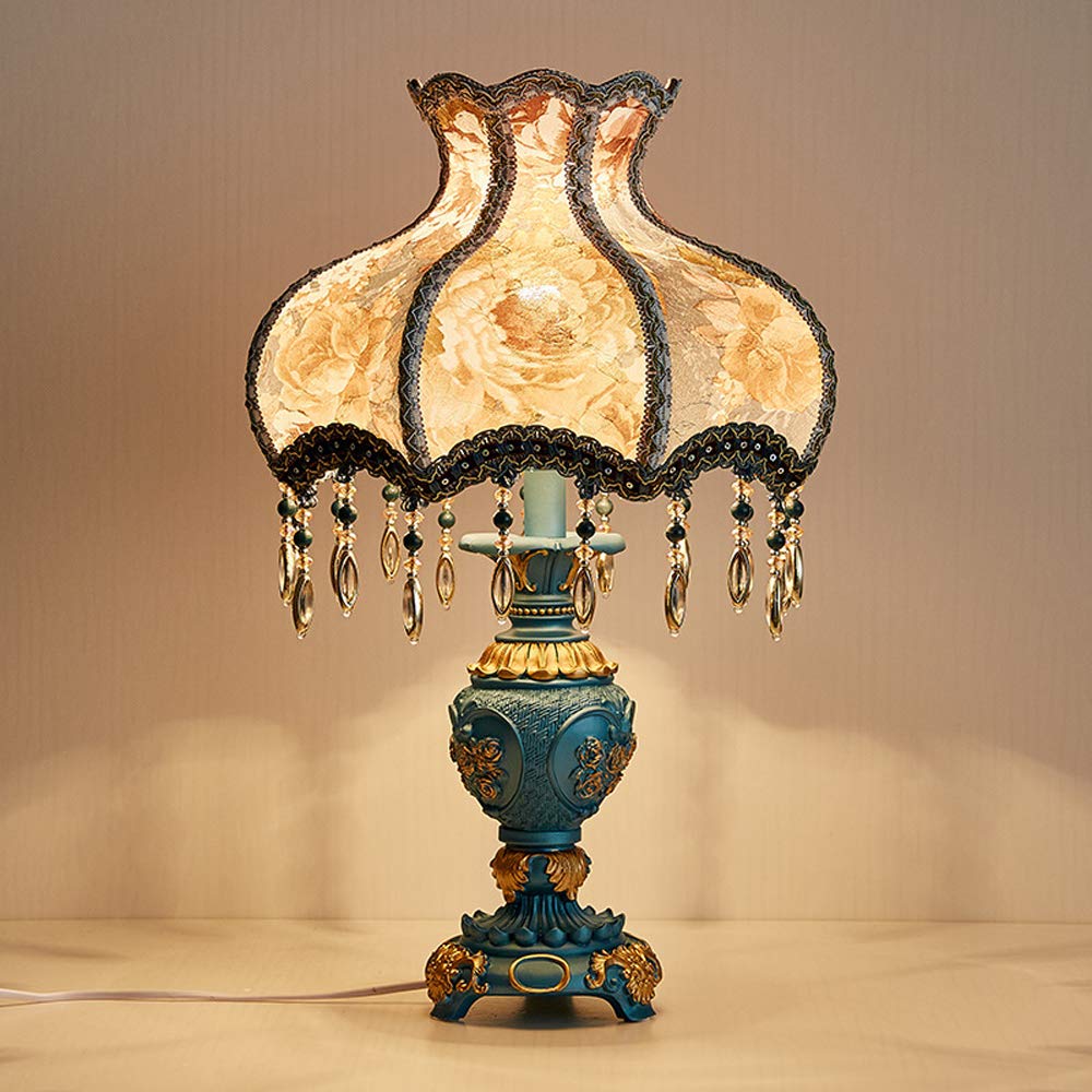 Modern Blue Resin Table Lamp - Victorian Style Desk Light with Fabric Lampshade, Bedside Reading Lamp for Bedroom, Living Room & Dining Room | Romantic Ambient Lighting for Home Decor
