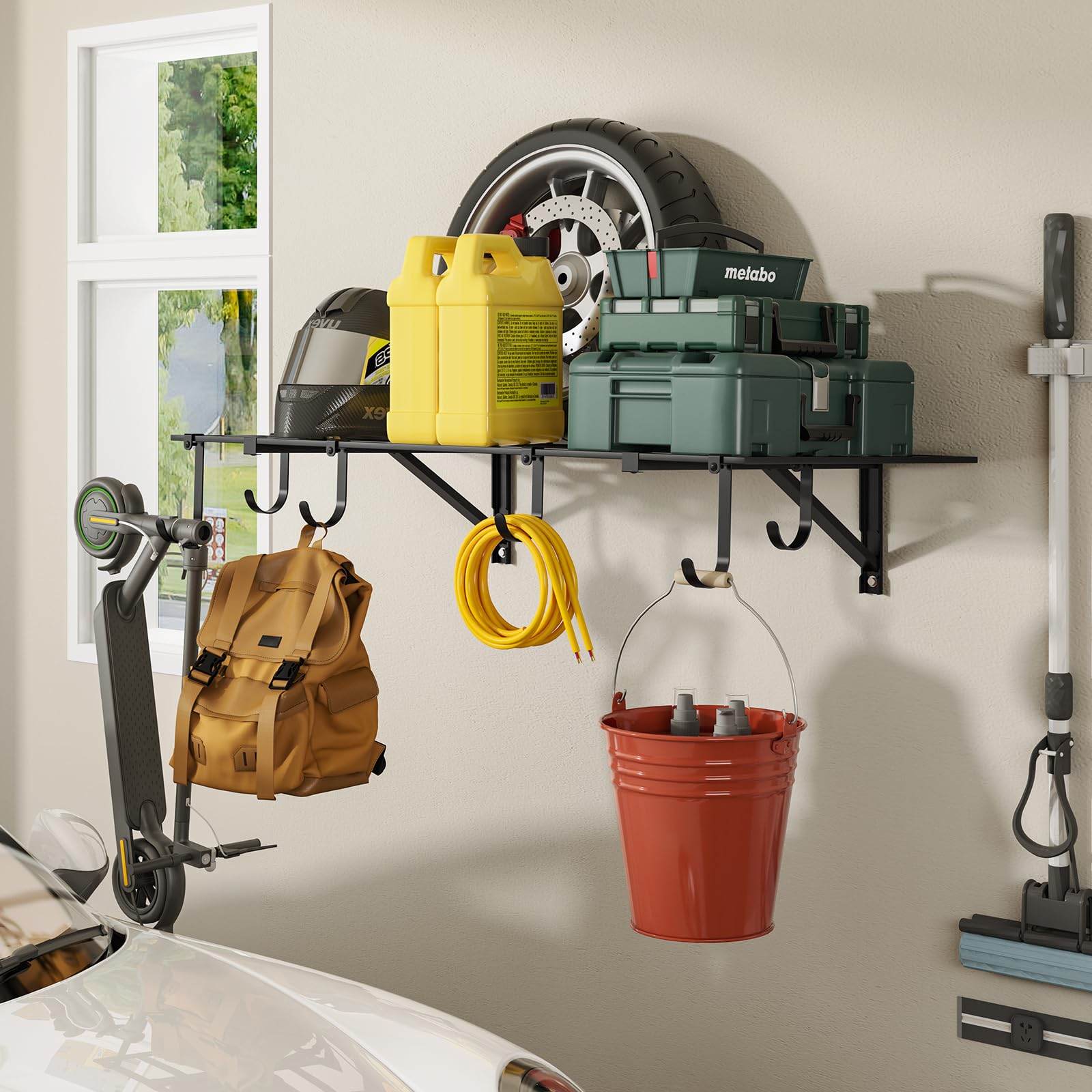 ROOMTEC Heavy Duty Garage Wall Mounted Shelves with 6 Hooks - 2x4FT Steel Garage Shelving - 400 lbs Capacity (1 Pack) - Perfect for Garage Storage, Workshop Organization & Home Tool Rack