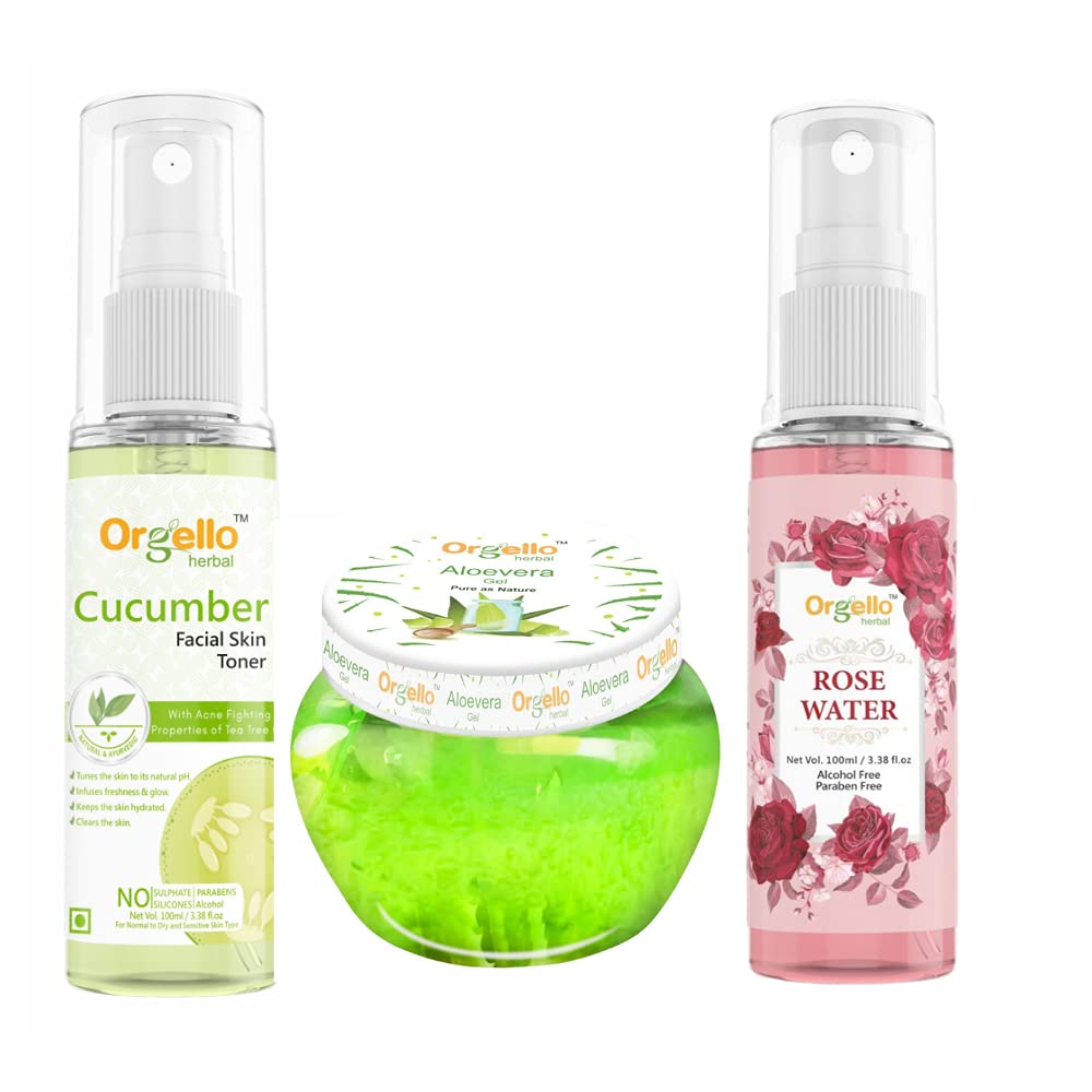 Orgello Cucumber Toner Mist, Aloe Vera Massage Gel & Rose Water Spray Set (3-Piece Skincare Kit) - Hydrating Face & Hair Care for Daily Use, Travel & Spa