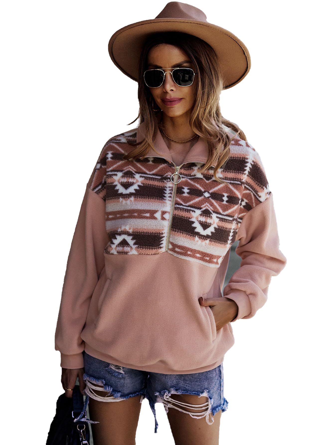 LEMAFER Women's Western Aztec Print Half Zip Fleece Hoodie - Warm Pullover Sweatshirt with Collar, Long Sleeve Fall Winter Outfit (Pink, 2023) | Perfect for Casual Wear, Outdoor Activities & Cold Weather Fashion