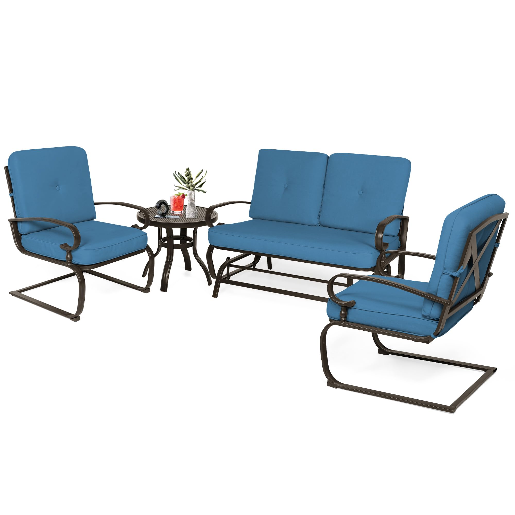 Incbruce Outdoor Patio Conversation Set - 4-Piece Metal Furniture with Glider, Bistro Table & 2 Spring Lounge Chairs (Peacock Blue, Wrought Iron) - Perfect for Garden, Backyard, and Poolside Relaxation