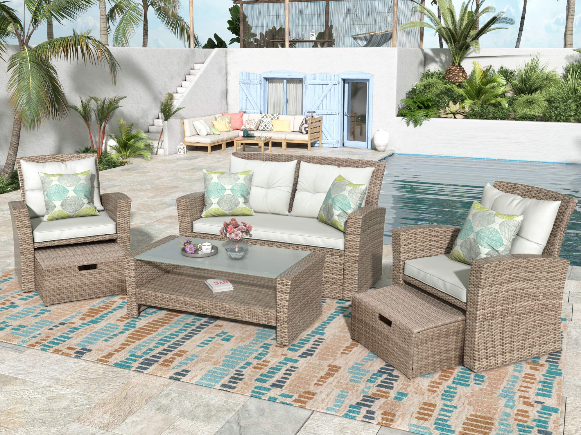 Danxee 4-Piece All-Weather Outdoor Patio Furniture Set with Ottoman - Wicker Rattan Sectional Sofa, Cushions & Glass Top Table - Beige - Perfect for Backyard, Garden, Poolside & Patio Relaxation
