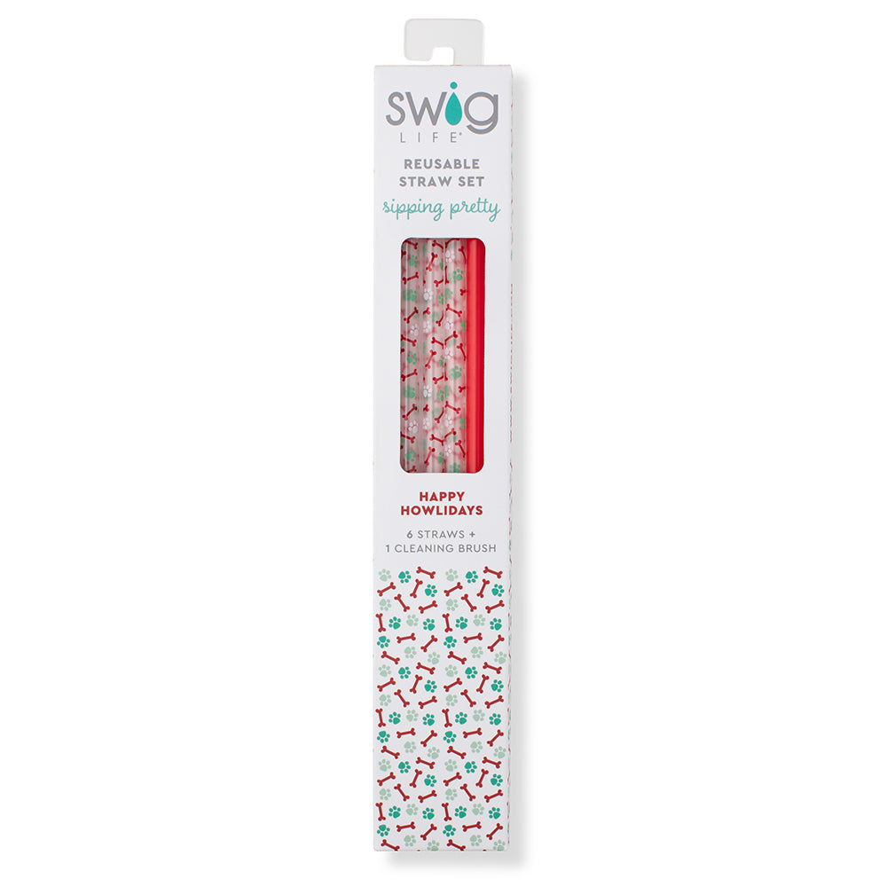 Happy Howlidays Dog Toy + 4-Pack Red Reusable Stainless Steel Straws - Eco-Friendly Pet Gifts for Christmas & Party Supplies - Perfect for Dog Lovers, Holiday Decorations & Sustainable Lifestyle