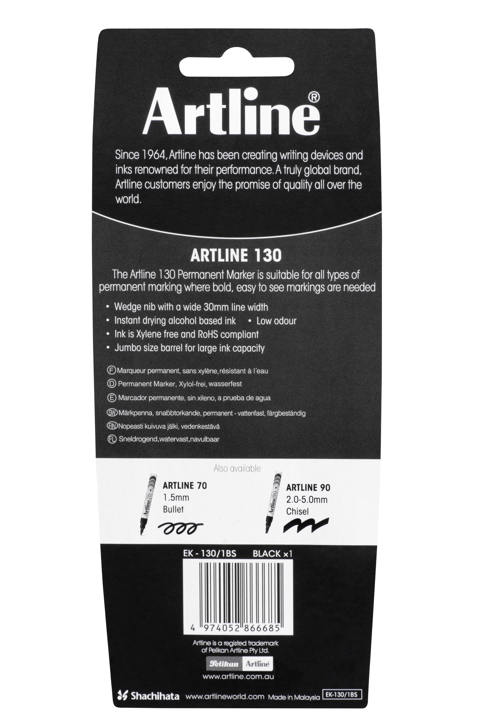 Artline 130 Permanent Marker - 30mm Wedge Nib, Black Ink, Pack of 6 - Ideal for Office, School & Industrial Labeling