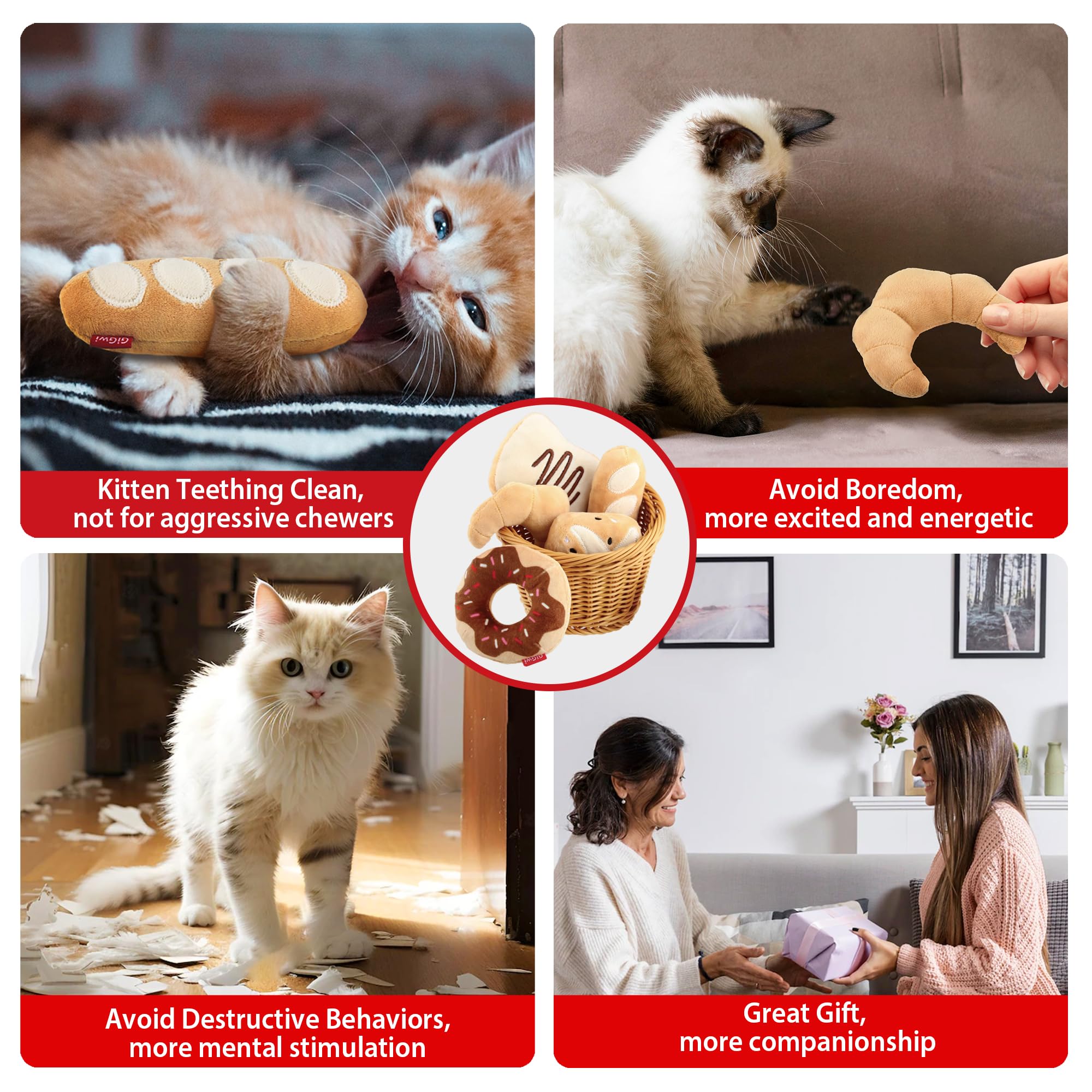 Gigwi Catnip Toys for Cats - 6 Pack Interactive Plush Cat Kicker Toys with Refillable Catnip, Crinkle Sound & Bread Design - Safe Kitten Teething Chew Toys for Indoor Play, Stress Relief & Enrichment Activities