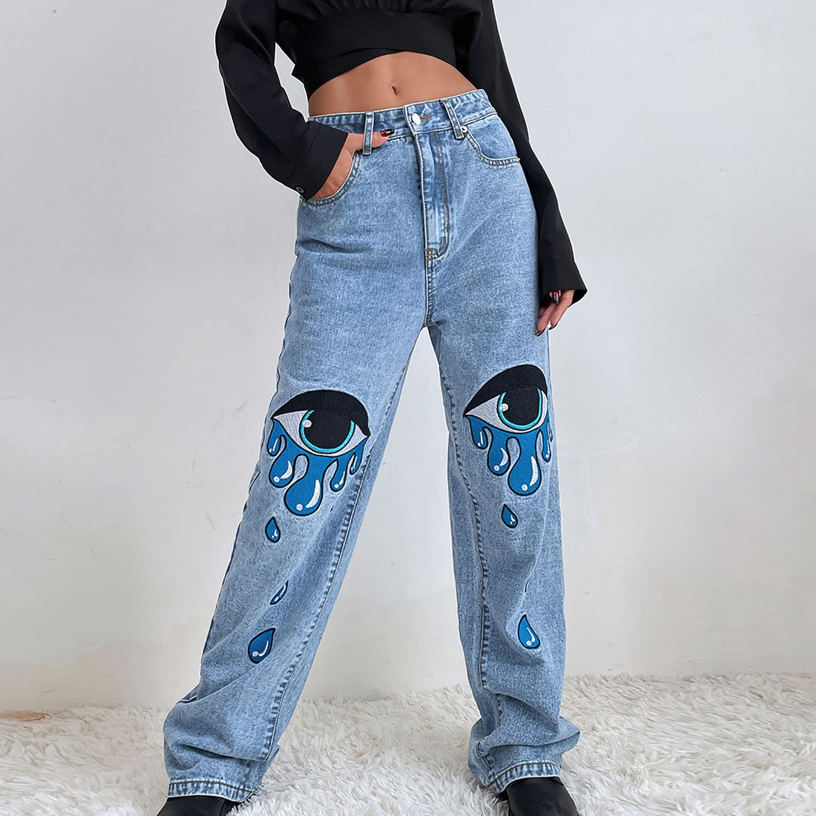 SMIDOW Women's Star & Heart Graphic Denim Jeans - Y2K Straight Leg Baggy Cargo Pants for Casual Wear, Street Style & Retro Fashion Outfits