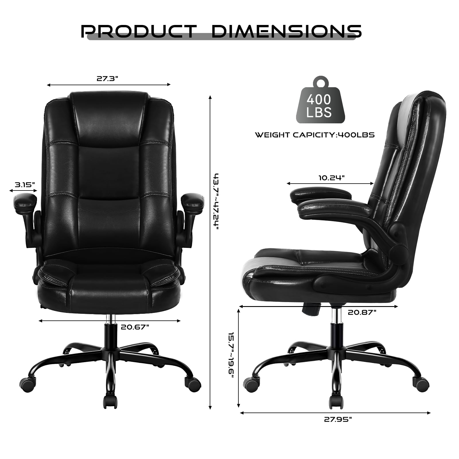VITESSE Ergonomic Office Chair with Flip-Up Armrests - Big & Tall Leather Executive Chair with High Back Lumbar Support - Heavy Duty Computer Desk Chair for Home & Office (Black) - Perfect for Long Work Hours, Gaming, and Professional Workspaces