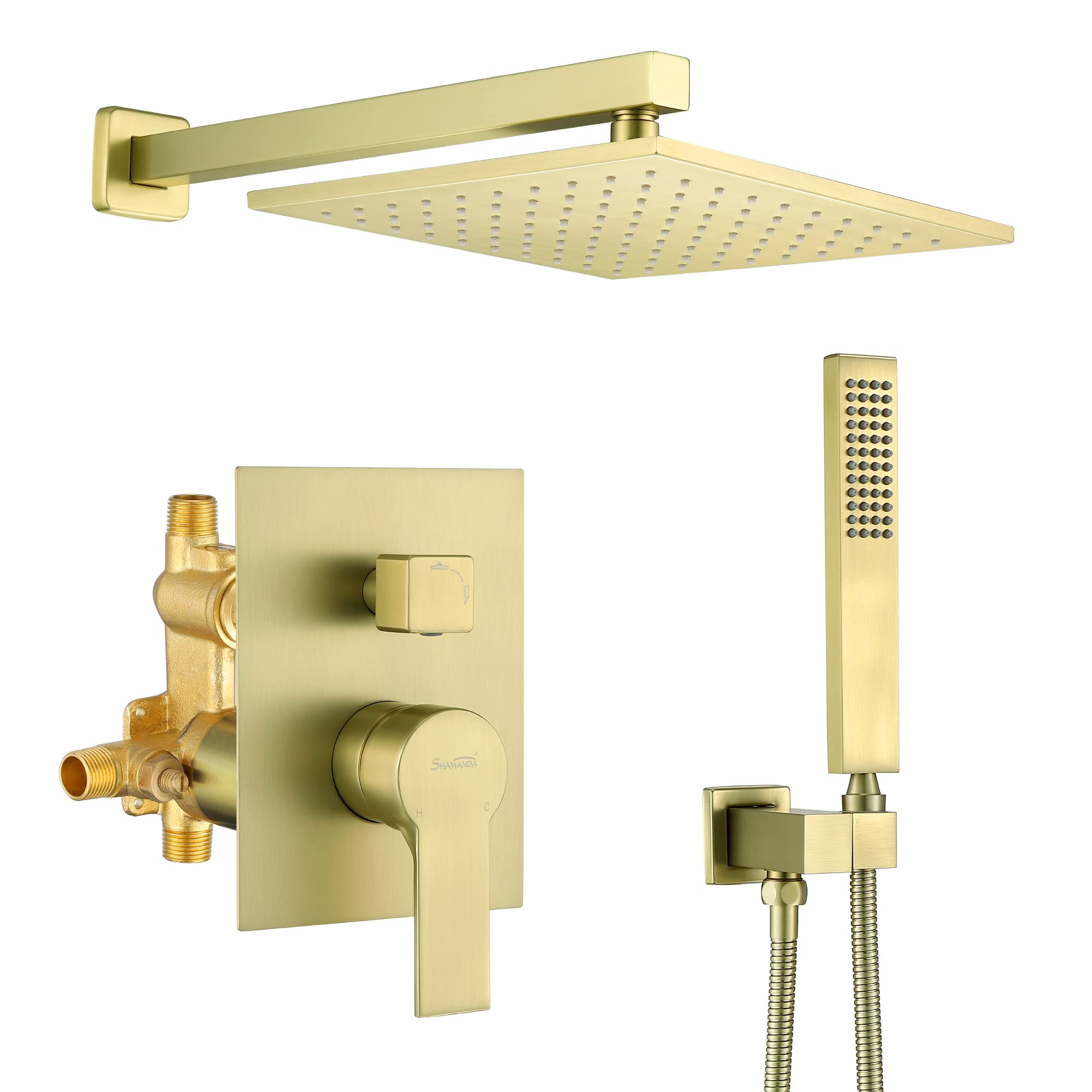 Premium SHAMANDA Brass Rainfall Shower System - Brushed Gold Luxury Bathroom Faucet Combo Set with Rough-In Valve Body & Trim (Model L70001-3) for Spa-Like Shower Experience in Modern Master Bathrooms