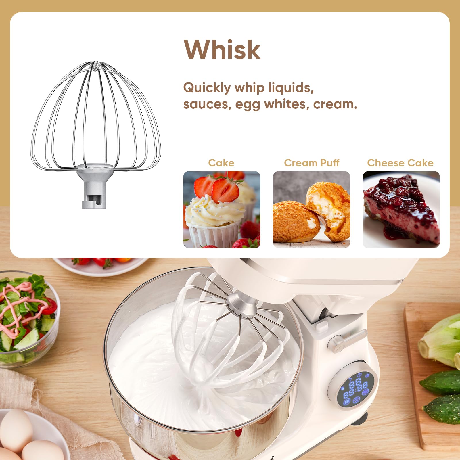 BioloMix 1200W Stand Mixer with 11 Speed Tilt Head & Digital OLED Screen - Includes Dough Hook, Flat Beater, Whisk - Perfect for Baking Bread, Cakes, Cookies - White Kitchen Electric Mixer