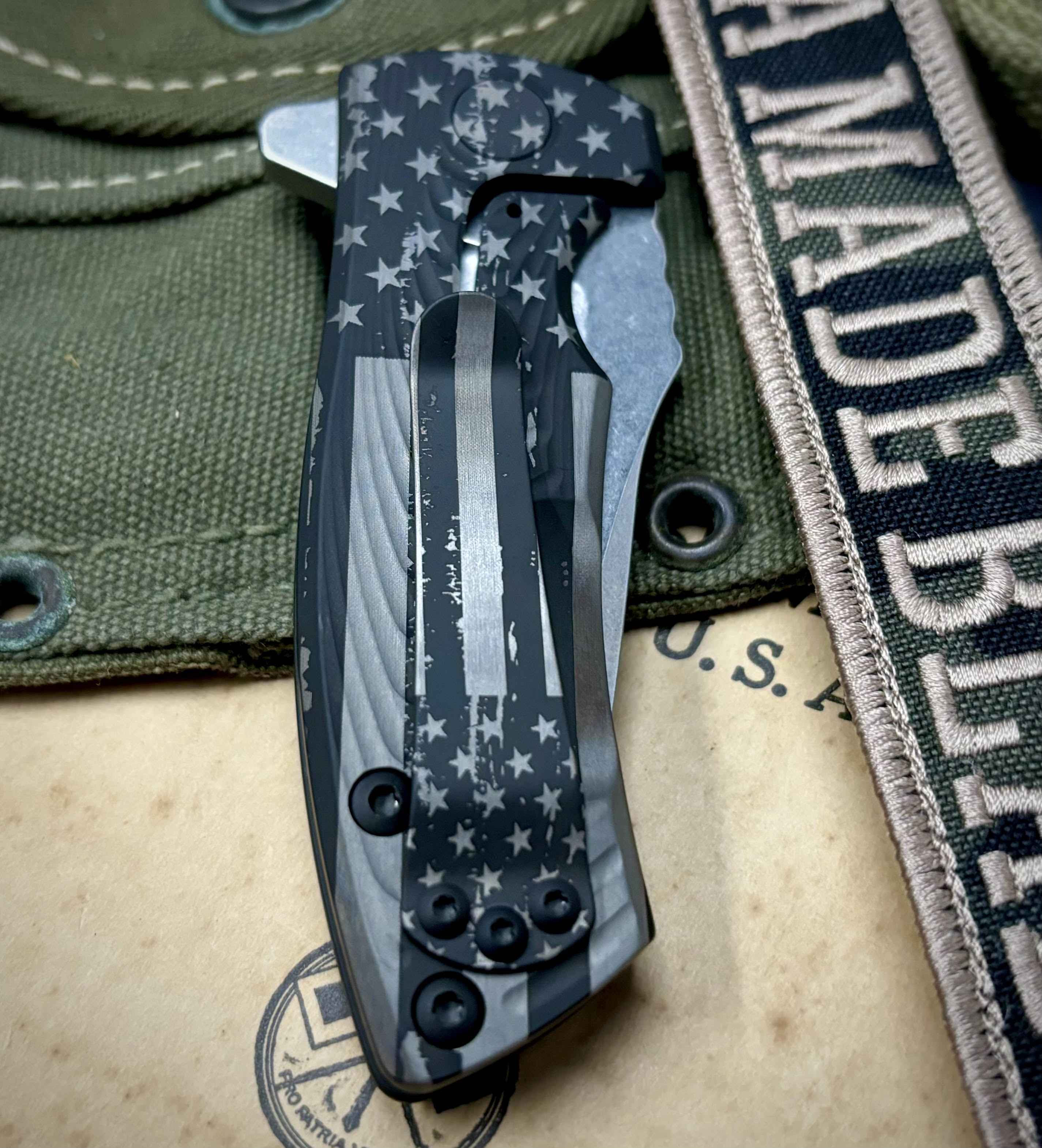 Exclusive Full Battle Stars & Stripes Les George ESV Flipper Knife - Black DLC Morph Titanium Handle & S45VN Blade - Perfect for EDC, Outdoor Adventures & Collectors
