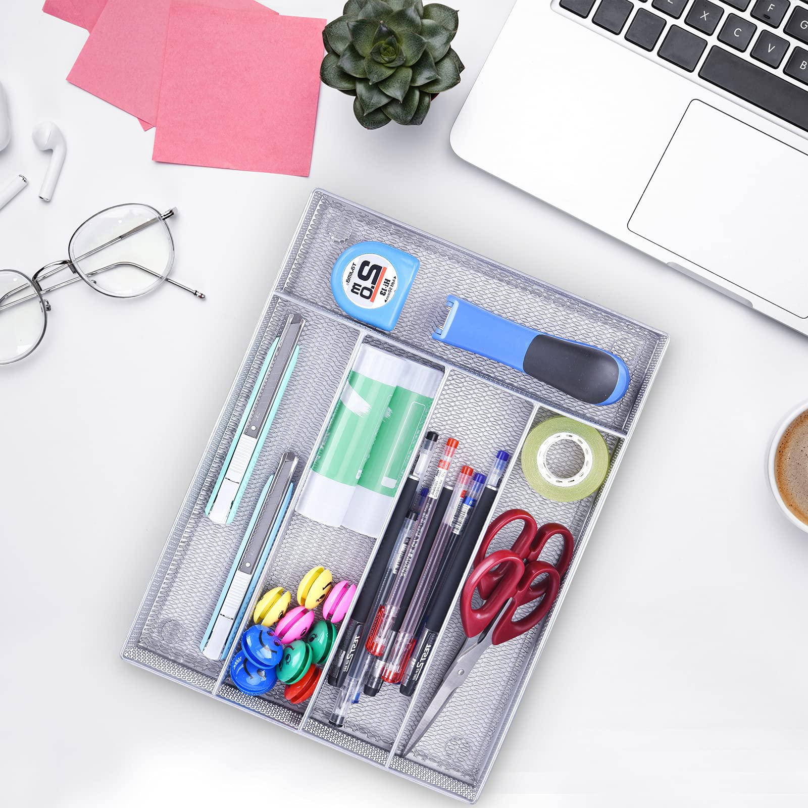 WuGeShop 5-Compartment Metal Mesh Desk Drawer Organizer Tray with Non-Slip Mats - Office, Bathroom & Kitchen Storage Solution - Silver | Perfect for Organizing Stationery, Makeup & Utensils