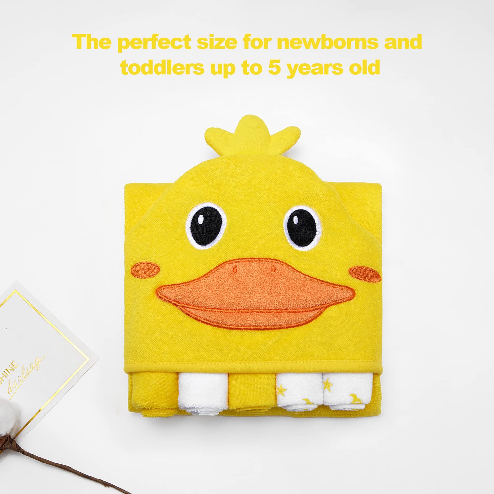 **SYNPOS Hooded Baby Bath Towel Set with 5 Washcloths - Ultra Absorbent Cotton for Boys & Girls, Toddlers & Infants - Yellow Duck Design - Perfect for Bath Time, Swimming & After-Splash Fun**